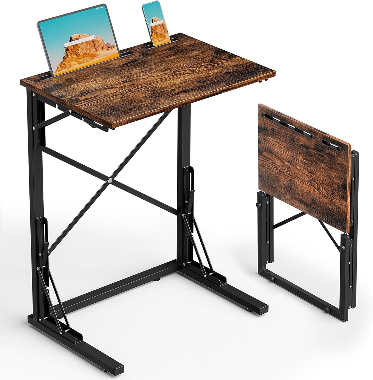 21''Wx28''H Folding TV Tray for Eating, Small Foldable C-Shaped Tray Table with Tablet and Phone Slots, Slide Under Couch Side Table for Recliner, Living Room, Bedroom, Rustic Brown