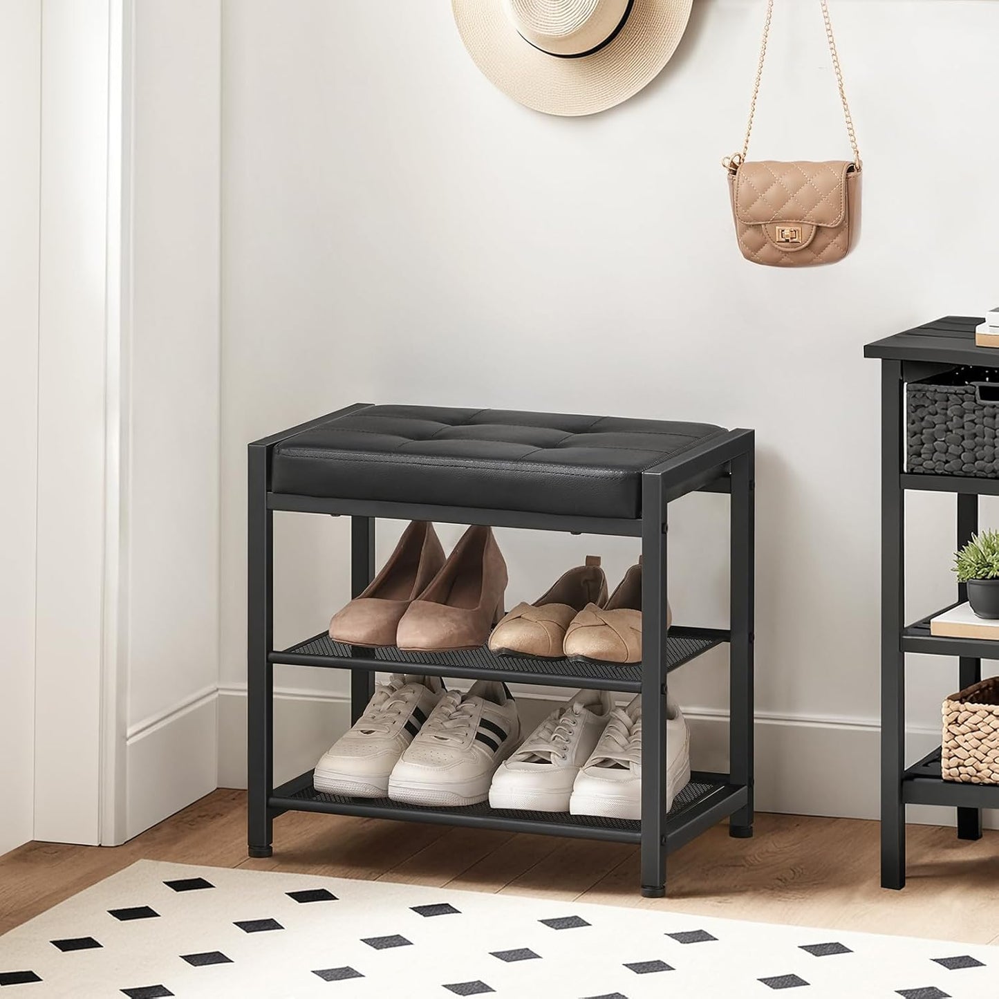 HOOBRO Small Shoe Bench, 3-Tier Shoe Rack, Shoe Storage Bench with PU Seat Cushion, Entryway Shoe Rack Bench with Metal Mesh Shelves, Freestanding Shoe Organizer for Hallway, Black BB33HX01