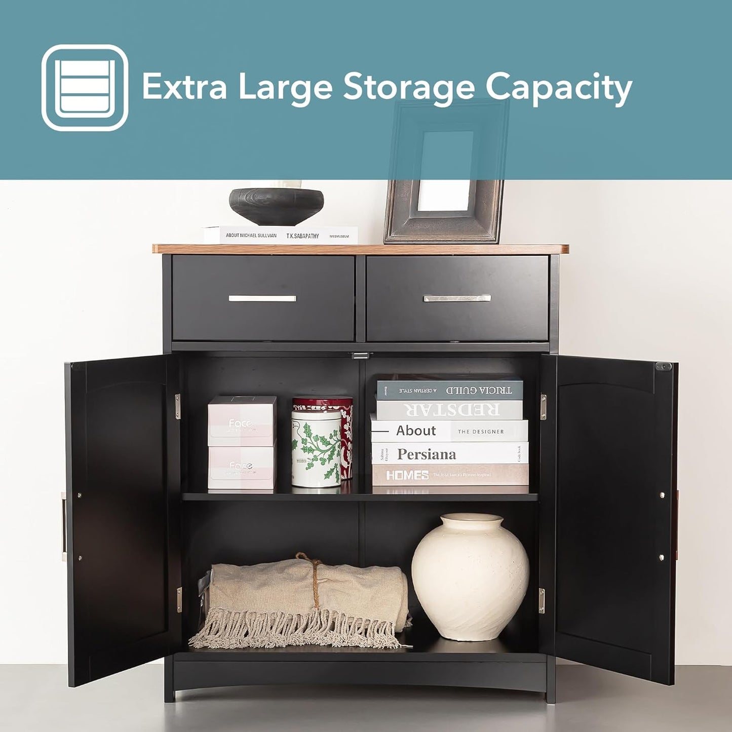 Buffet Cabinet with Storage, Coffee Bar Cabinet 26 x 30 Inches, Oak Top Sideboard Cabinet, Matte Black Finish, Anti-Fall Drawers, Arched Doors, Adjustable Shelves