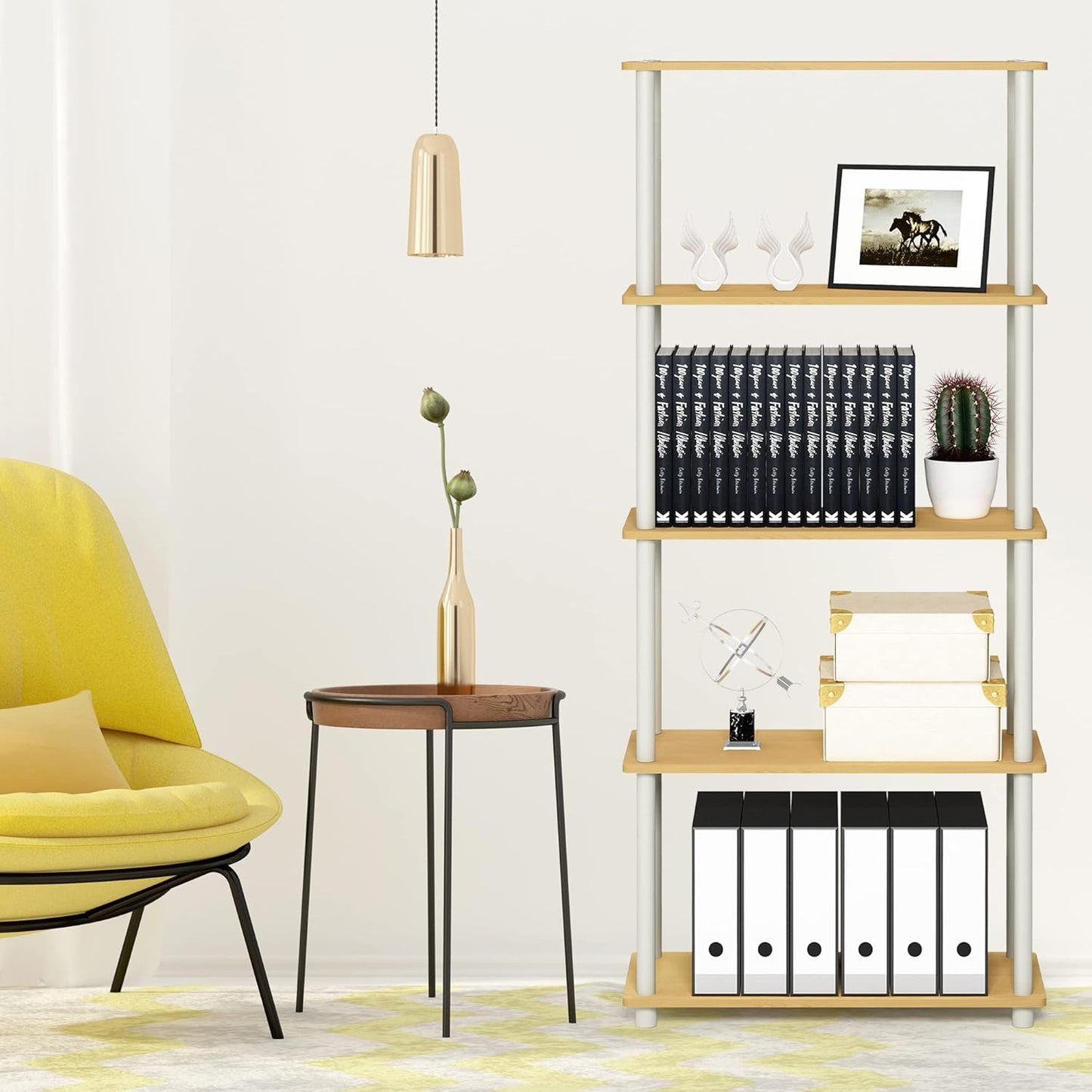 Furinno Turn-N-Tube 5-Tier Multipurpose Shelf / Display Rack / Storage Shelf / Bookshelf, Round Tubes, Beech/White