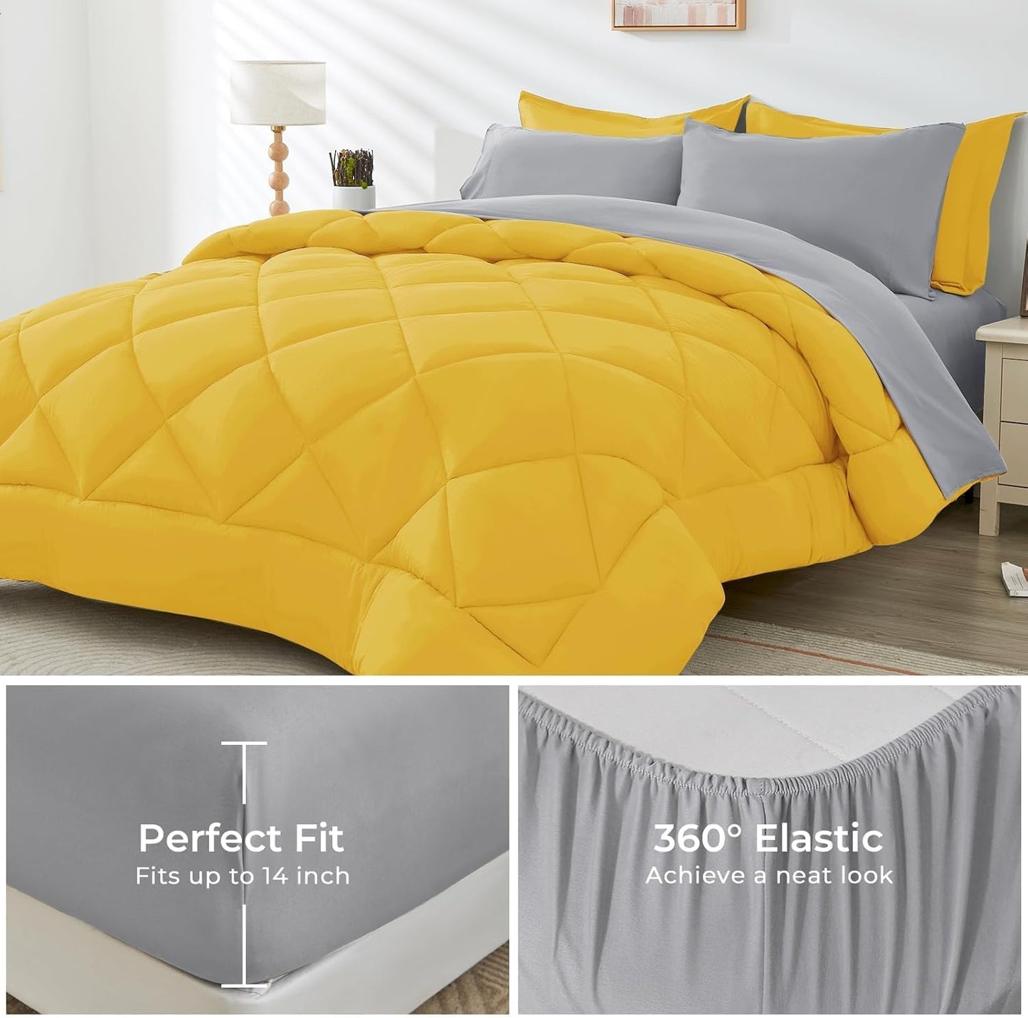 HEVUMYI Twin Comforter Set - 5-Piece All Season Bed in a Bag Twin, Ultra Soft Bedding Set with Comforter, Flat Sheet, Fitted Sheet, Pillowcases, Pillow Shams, Yellow & Light Grey
