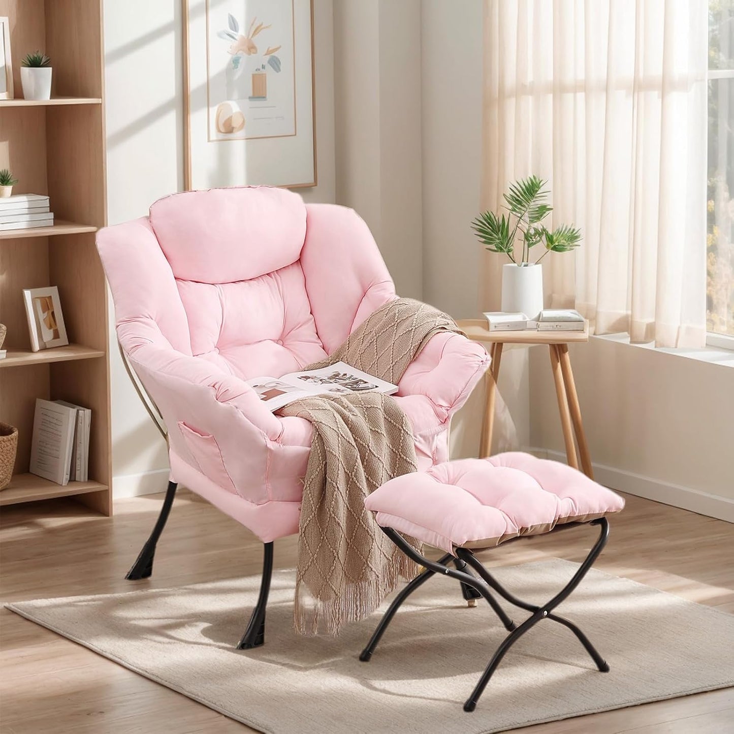 Lazy Chair with Ottoman, Large Modern Lounge Accent Chair with Armrests and Footrest, Reading Armchair with Ottoman, Leisure Sofa Chair for Living Room, Bedroom, Dorm Room, Office (Pink)