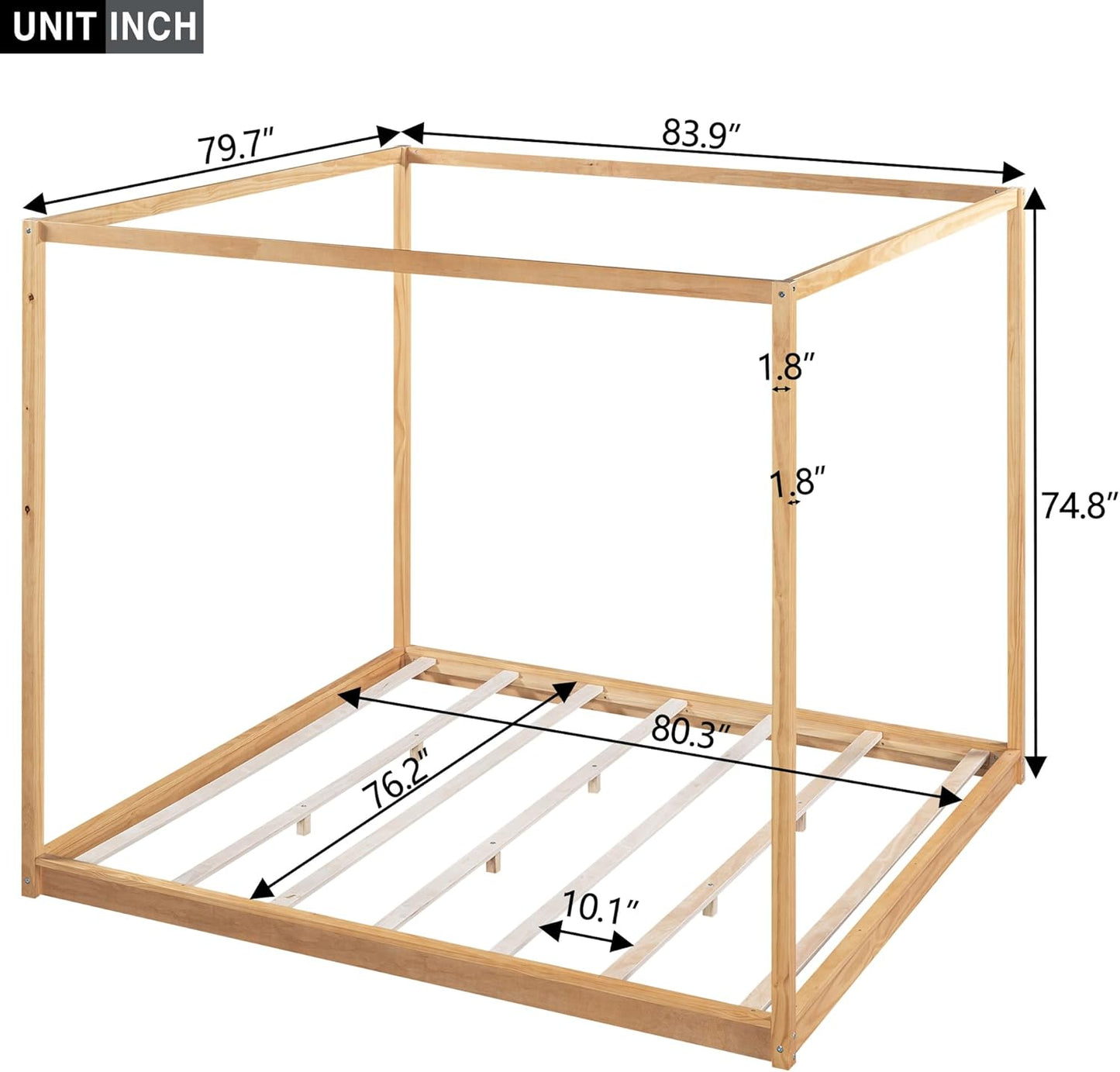 King Size Canopy Platform Bed with Support Legs,Solid Wood Bed Frame,4-Post Canopy-Platform-Bed for Kids Teens Adults, No Box Spring Needed,Natural