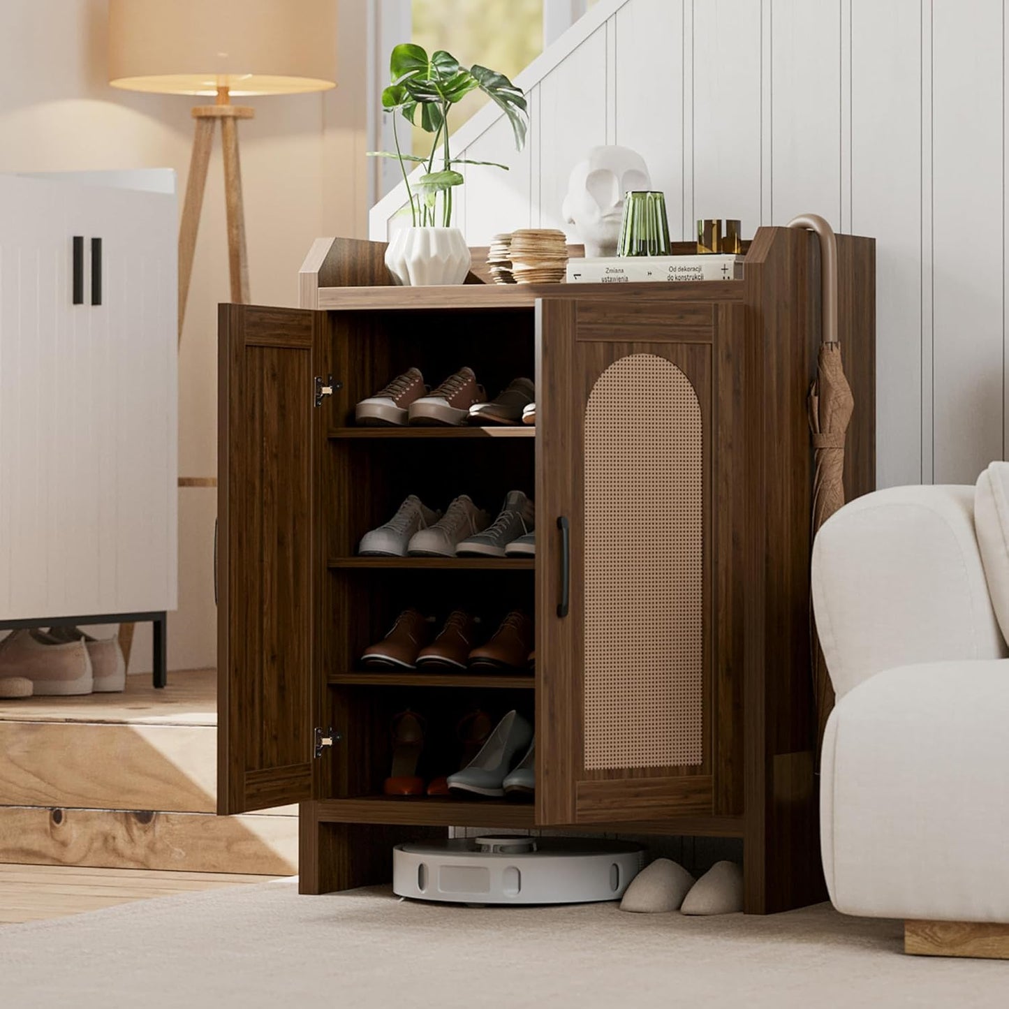 Shoe Cabinet Storage for Entryway, Natural Rattan Storage Cabinet, Wooden Shoe Rack, Farmhouse Boho Wood Shoe Organizer Cabinet for Hallway Walnut