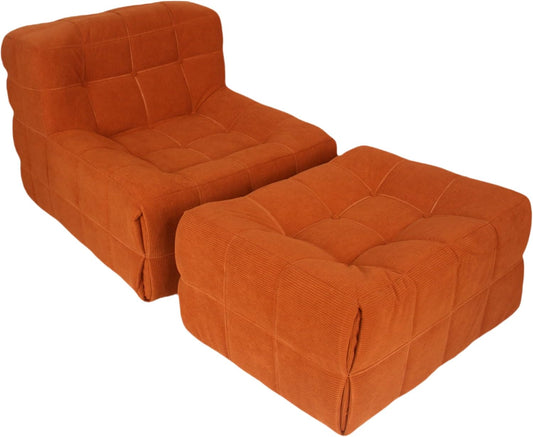 Bean Bag Chair - Memory Foam Bean Bag Chair for Adults, Comfy High-Resilience Single Sofa, Small Space Floor Chair, Chaise Lounge for Living Room, Bedroom (Orange, Square + Ottoman)