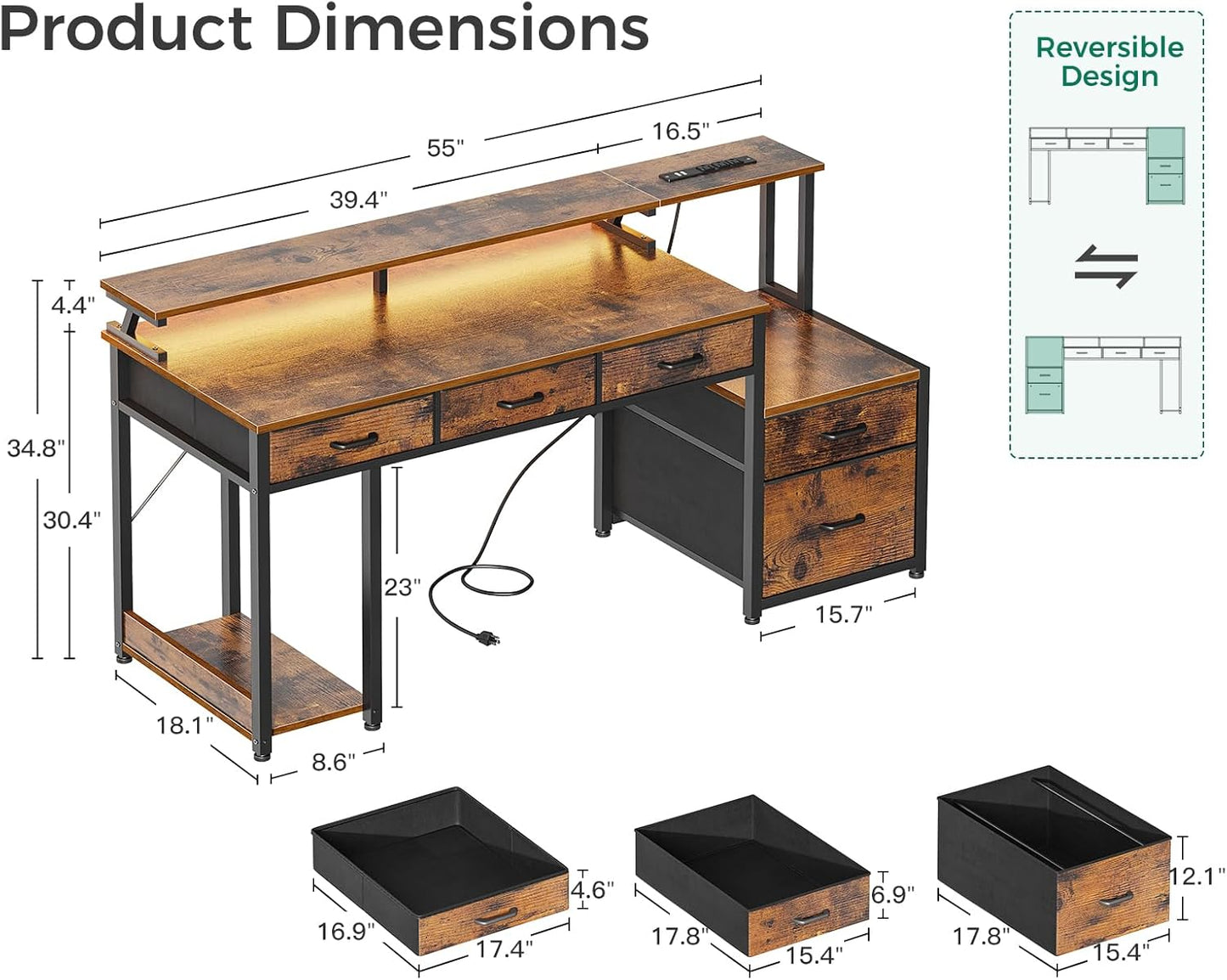 AODK 55 Inch Computer Desk with 3 Drawers and File Cabinet for Storage, Office Desk with Monitor Stand and LED Lights, Home Office Desks, Vintage