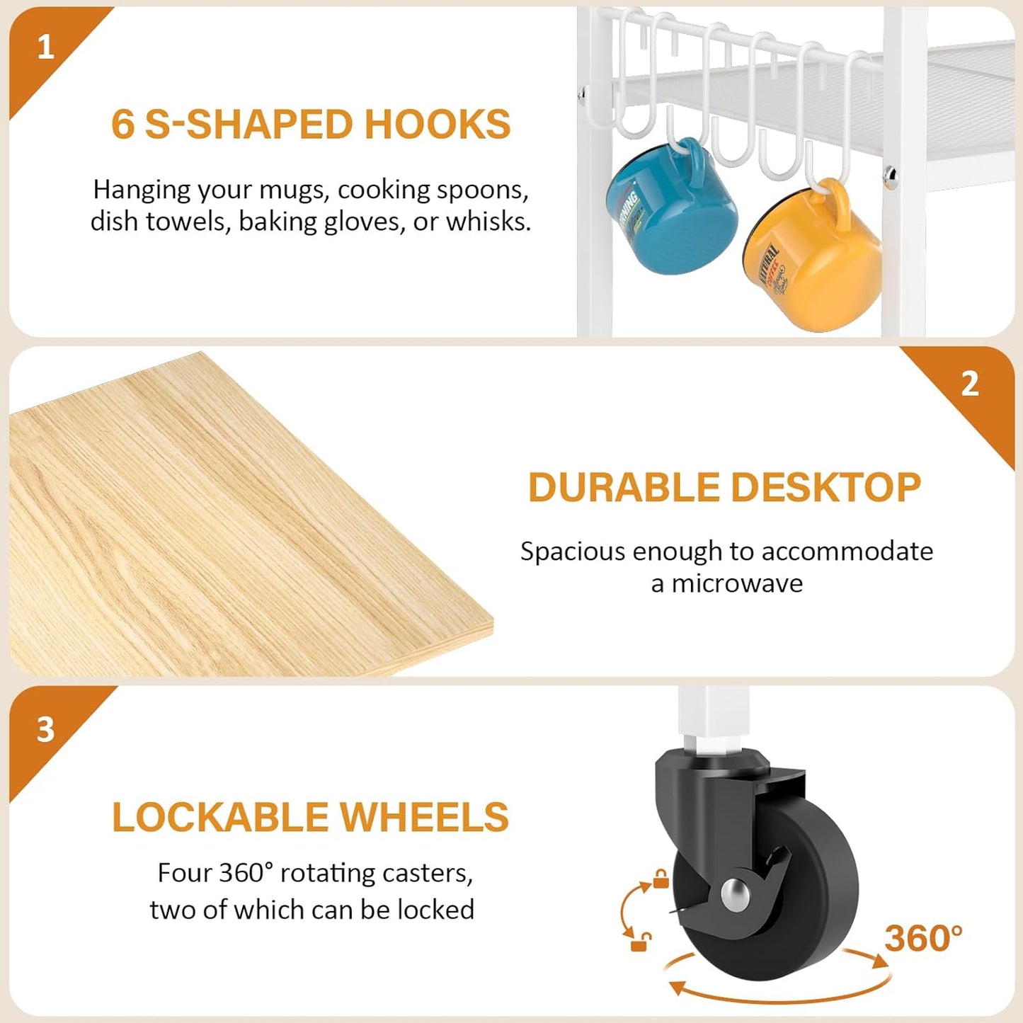 Rolling Kitchen Microwave Cart, 4 Tier Microwave Table Stand with Storage, Kitchen Storage Rack on Wheels, Coffee Station Cart Rack Shelf Organizer for Living Room Office, Balcony