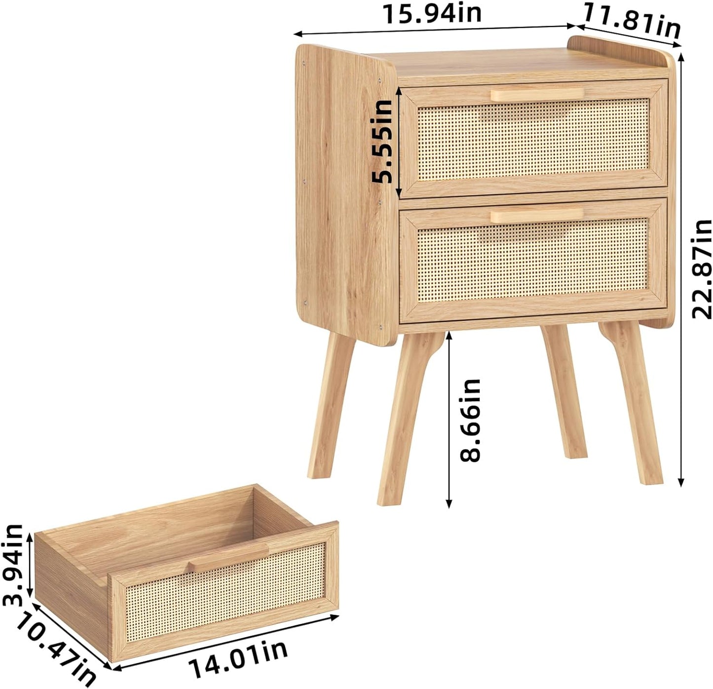 Lerliuo Rattan Nightstand, Boho Night Stand with 2 Drawers, Cane Accent Side End Table, Bedside Table with Solid Wood Legs for Bedroom, Dorm and Small Spaces (Natural)