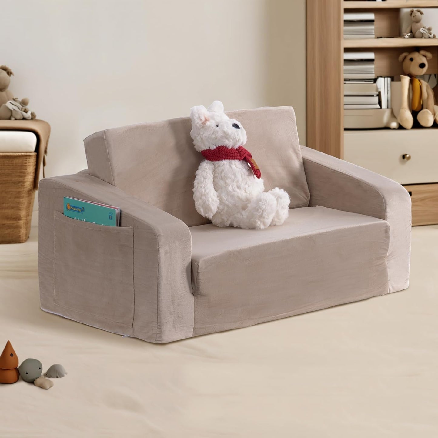 Kids Couch, Extra Wide 2-in-1 Toddler Sofa Convertible Fold Out to Lounger Bed for Girls and Boys, Apricot