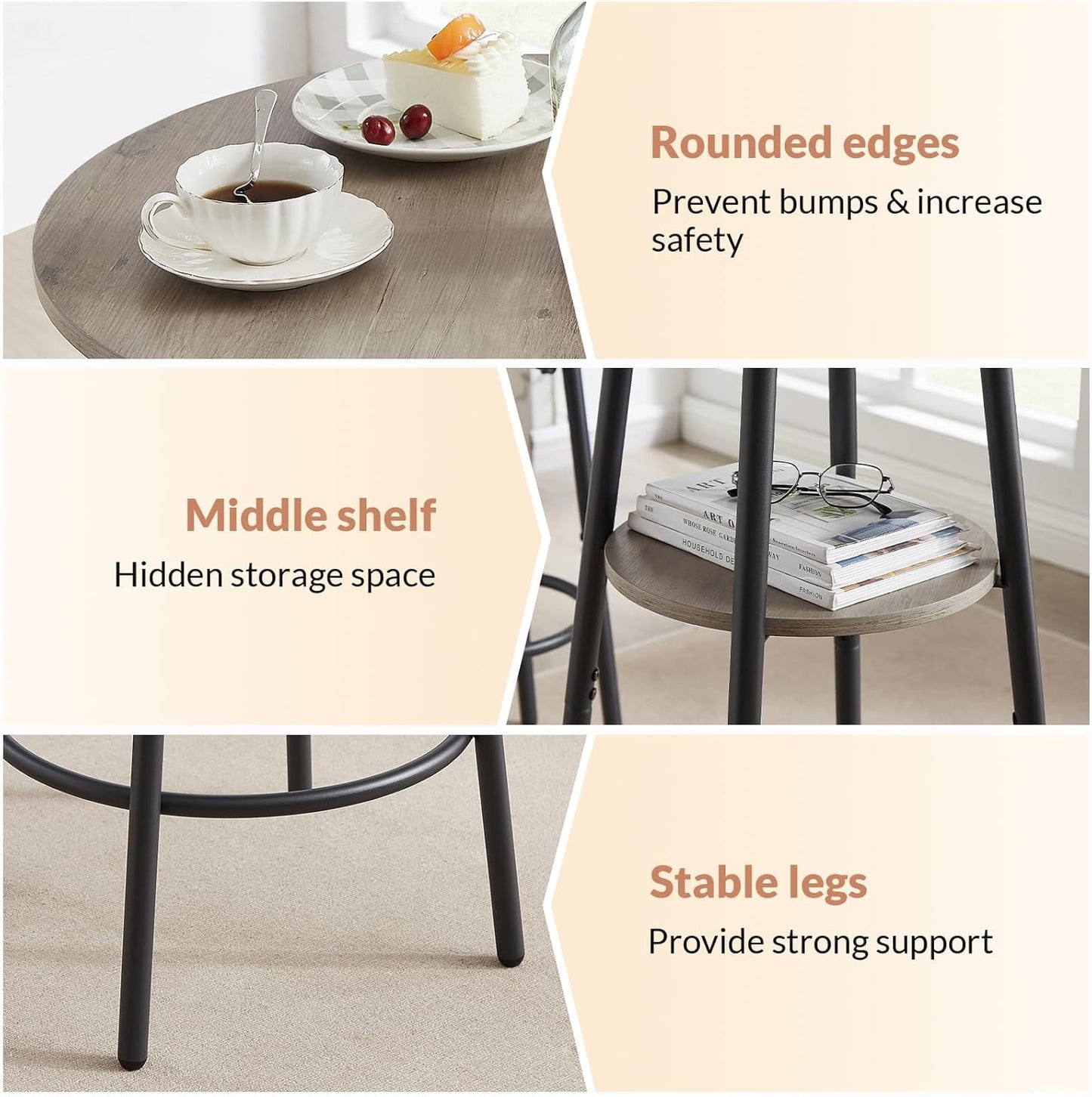 3 Pieces Round Bar Table Set, Small Dining Table for 2, Breakfast Table with Storage, Modern Kitchen Bar Table, 2 Upholstered Stools with Backrest for Kitchen, Dining Room & Bistro-Grey