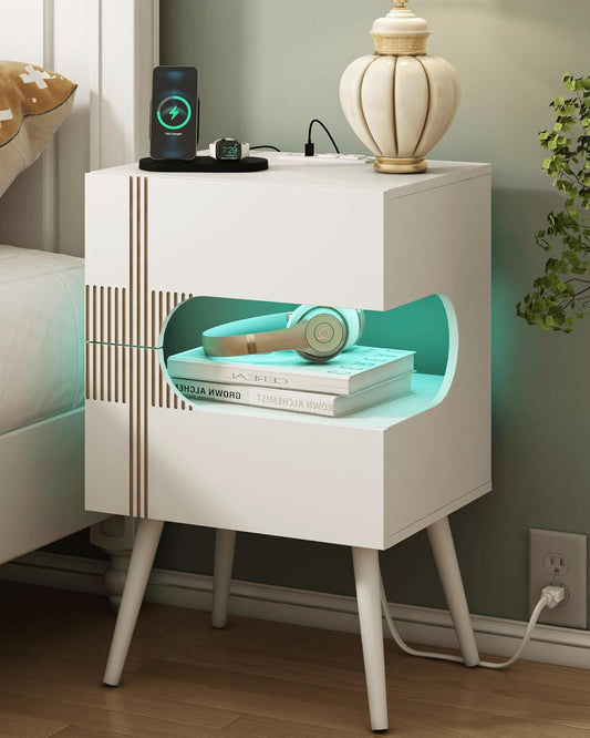 White Nightstand with Charging Station and LED Lights,Modern Bedside Table with 2 Storage Drawer,Night Stand with Solid Wood Legs,White (White-2)