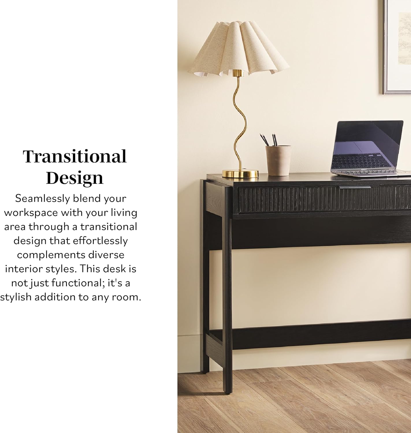 Walker Edison Transitional Office Design, Reeded Drawer Front Detail, Writing Desk with Drawer, Spacious Desktop, Complementary in Living Spaces, 38”W x 16.75”D x 30”H, Black