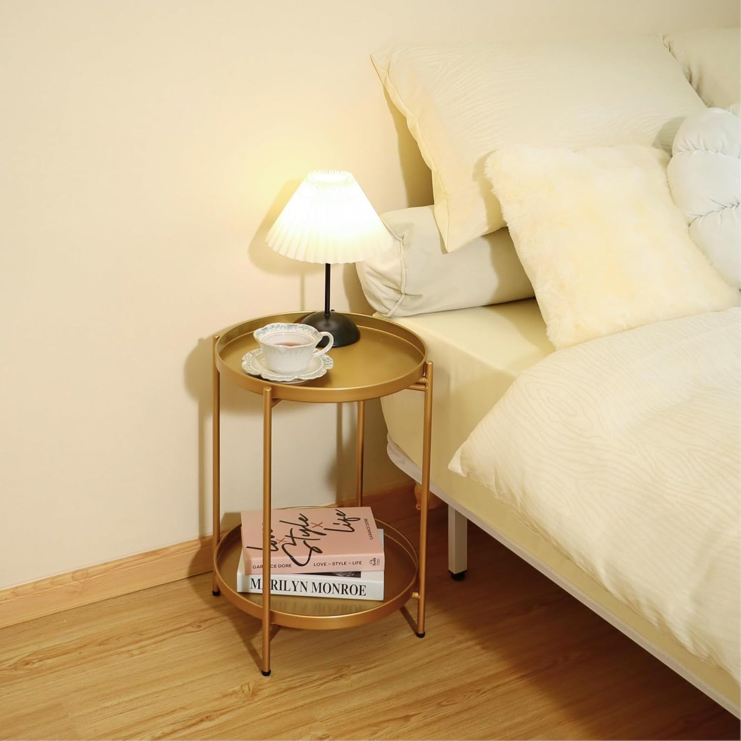 2-Tier Round End Side Table, Small Metal Side Table with Removable Tray, Folding Accent Tables for Living Room, Balcony, Nightstand for Bedroom, Outdoor Tables for Patio, Gold