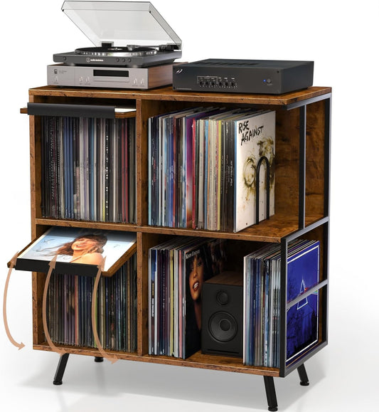 3 Tier Record Player Stand, Flip Top Record Player Cabinet, Mid Century Record Player Table with Shelves Holds up to 300+ Albums, Vinyl Record Storage with 4 U-Dividers for Living Room Bedroom, Brown