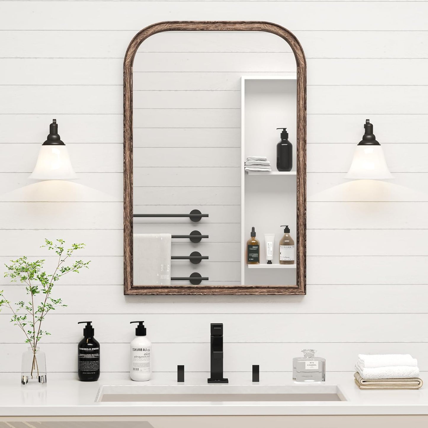 20"x30" Solid Wood Bathroom Mirror Arch Tempered Glass for Wall Mounted, Rustic Wood Frame Wall Mirror Decorative for Living Room Bedroom Vanity Mirror Entryway Mirror, Rustic Brown