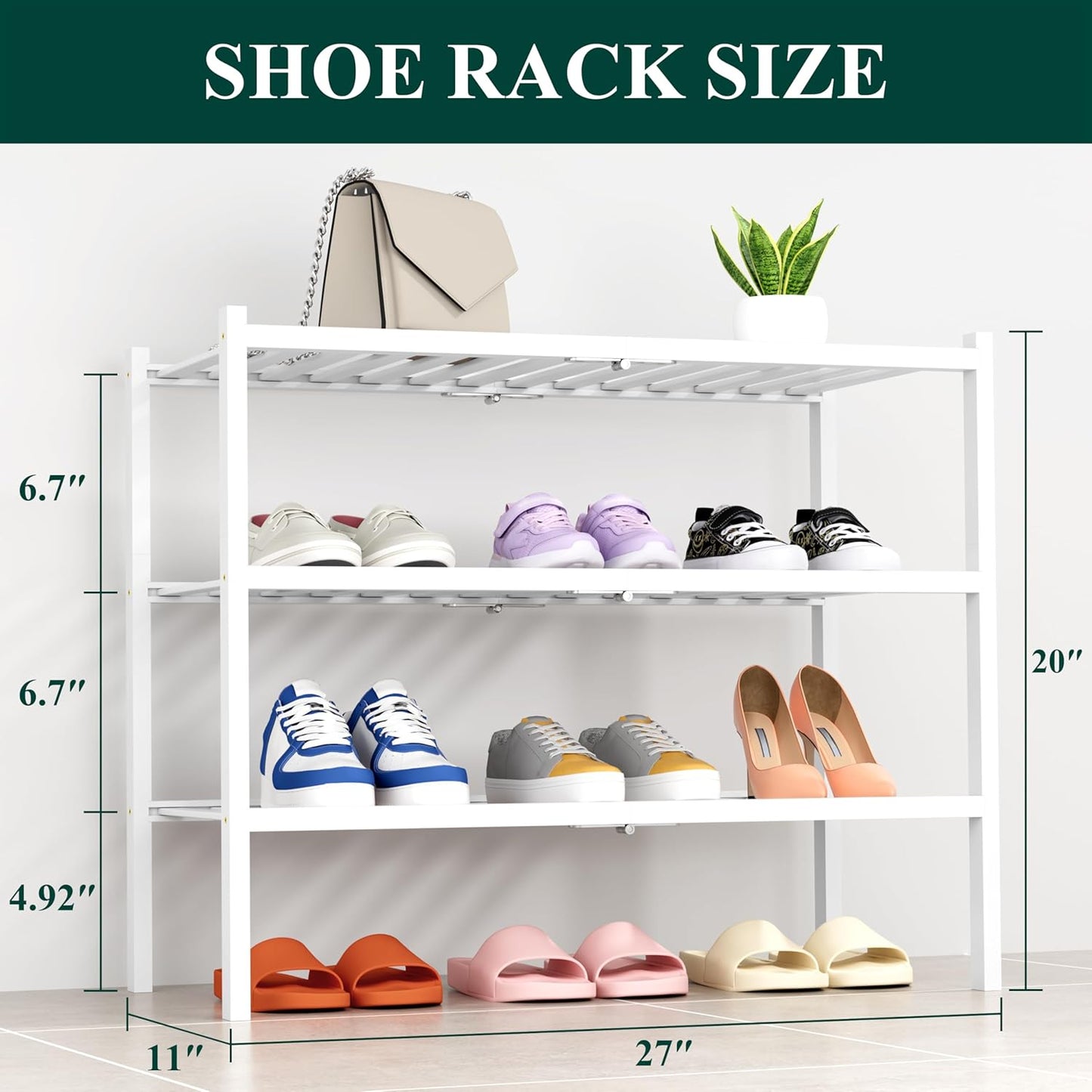 Smiry Shoe Rack, 3 Tier Thick Bamboo Shoe Organizer, Stackable Free Standing Wooden Shoe Storage Shelf for Closet, Entryway, Front Door Entrance, White
