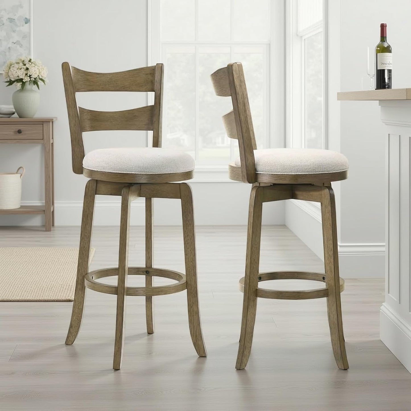 Armen Living Blair 30 in. Putty Brown Bar Height Rubberwood Swivel Barstool with Cream Fabric Seat - Set of 2