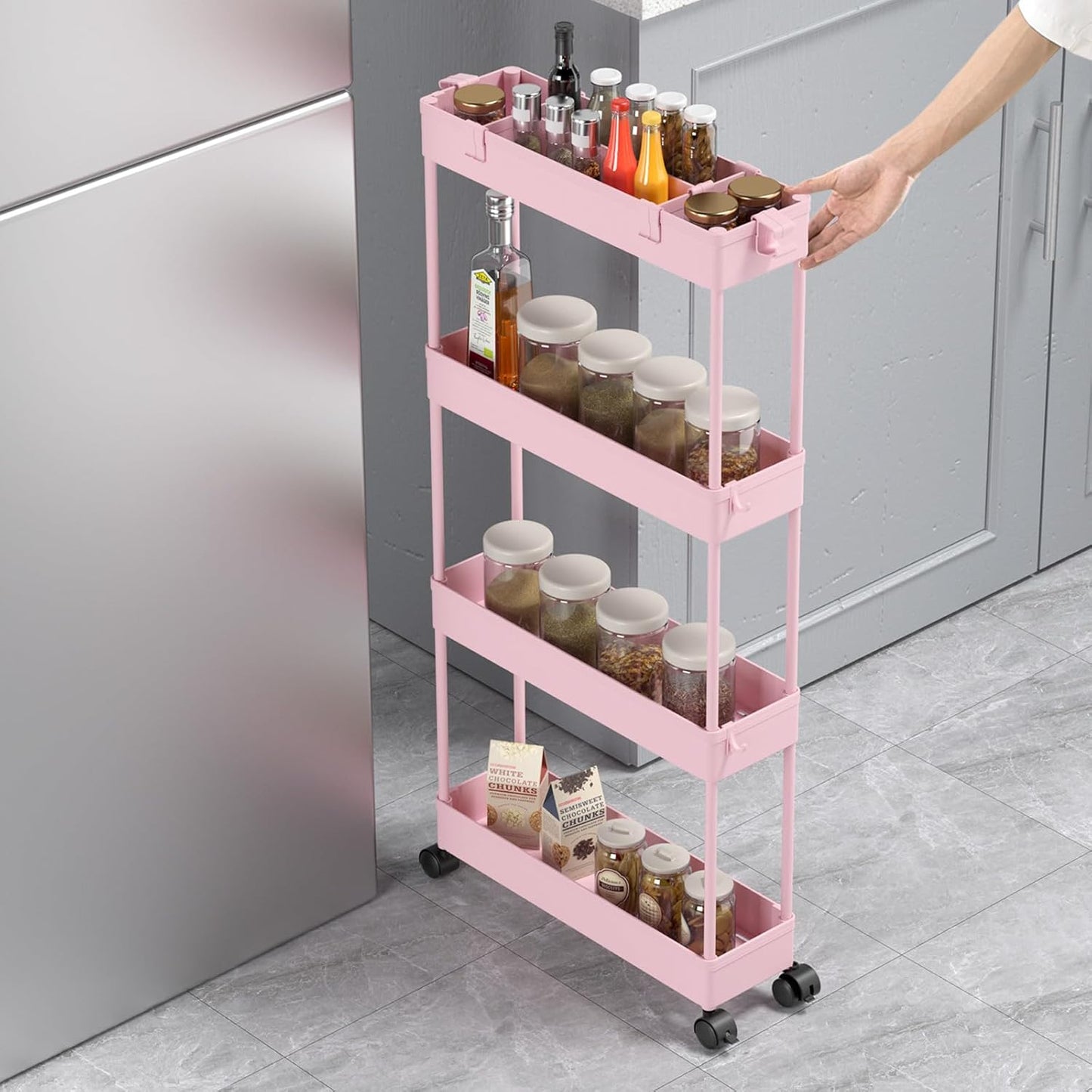 SPACELEAD Slim Storage Cart 4 Tier,Bathroom Organizer Rolling Utility,Mobile Shelving Unit Slide Out for Office, Kitchen, Laundry Room & Narrow Places,Pink