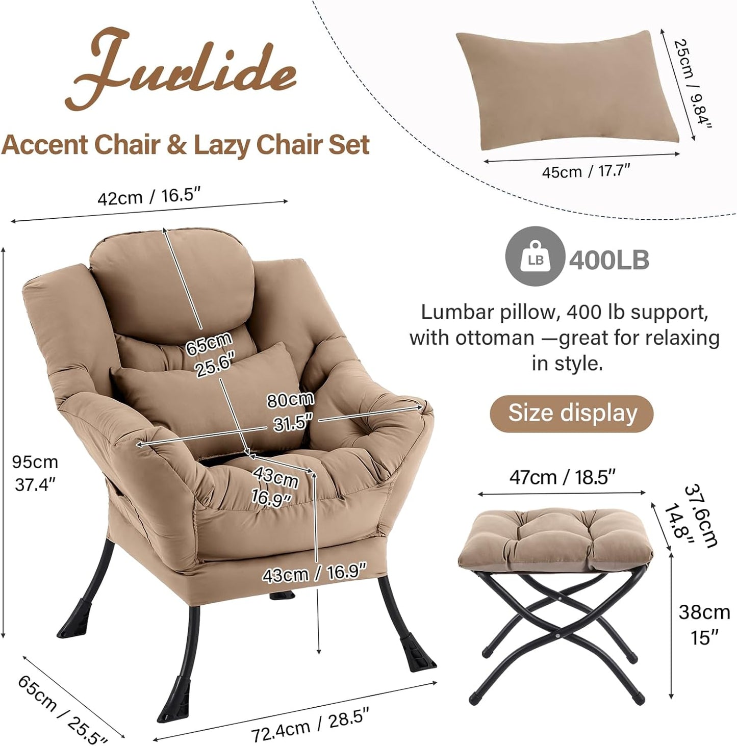 Lazy Chair with Ottoman, Modern Lounge Armchair with Lumbar Pillow, Accent Cozy Reading Chair and Folding Footstool for Bedroom, Dorm, Living Room,Khaki