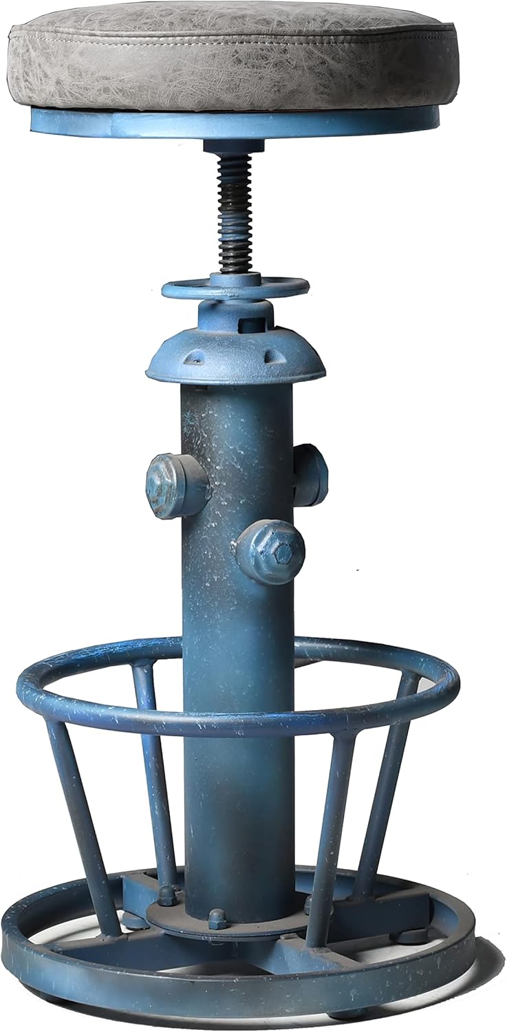 Topower American Antique Industrial Round Bottom Adjustable Height Cafe Coffee Retro Vintage Stylish Water Pipe Design Pub Kitchen Bar Stool (Antique Blue, PU Leather Top)