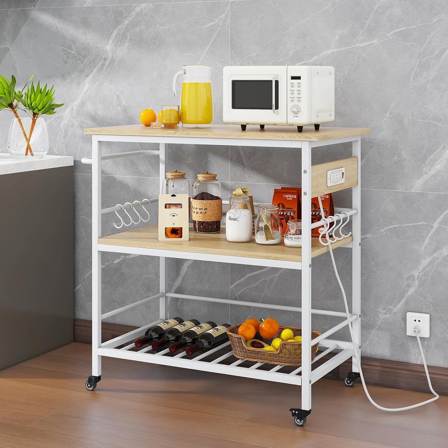 IBUYKE Kitchen Island with 3 Shelves, Island Table for Kitchen with Power Outlet,Kitchen Cart with Large Worktop,Rolling Bar Cart for Home, Outdoor, Kitchen TMJ024R