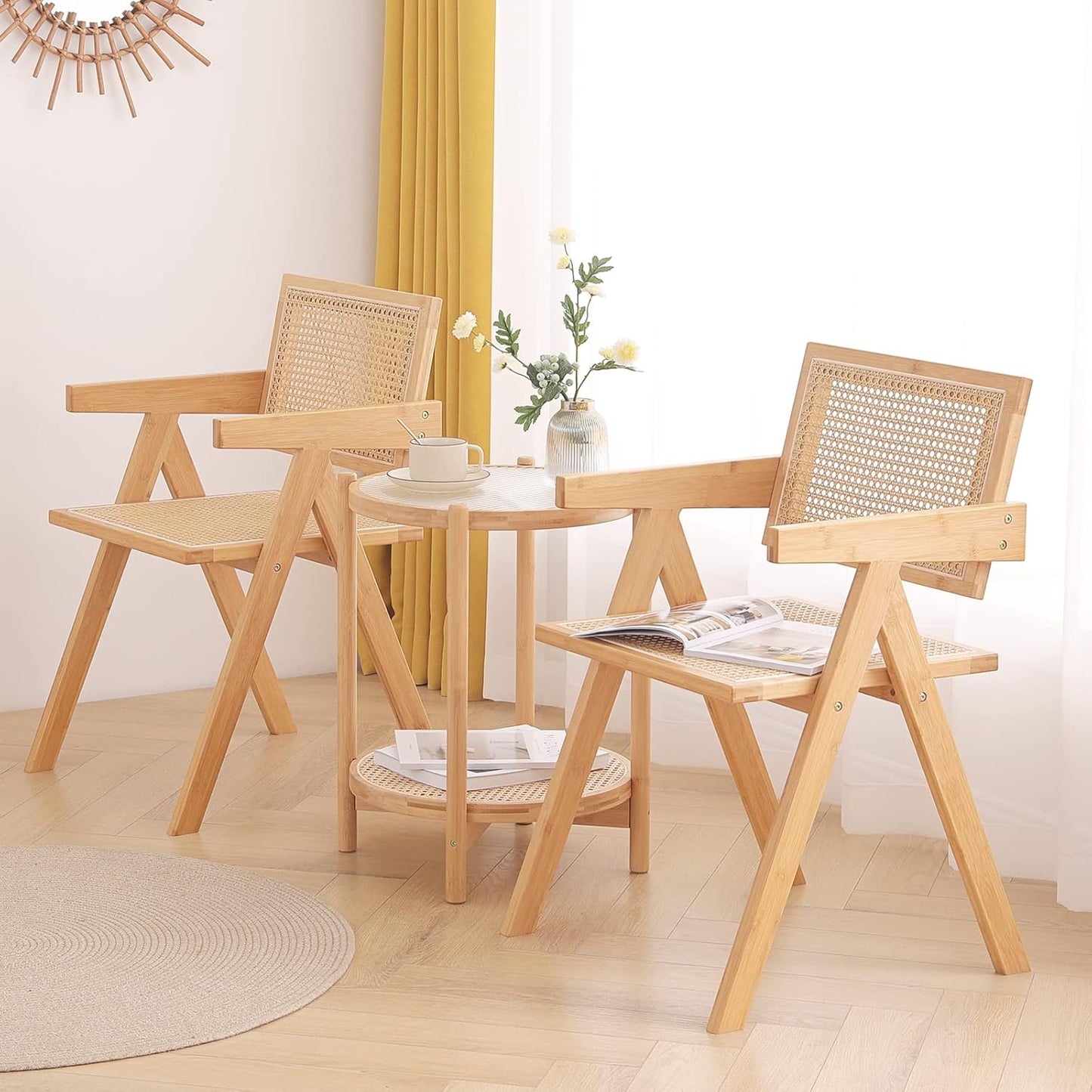 Rattan Dining Chairs Set of 4, Modern Mid Century Accent Chairs, Comfy Armchairs, Outdoor Rattan Chairs with Armrest for Bedroom Living Room Reading Room Dining Kitchen