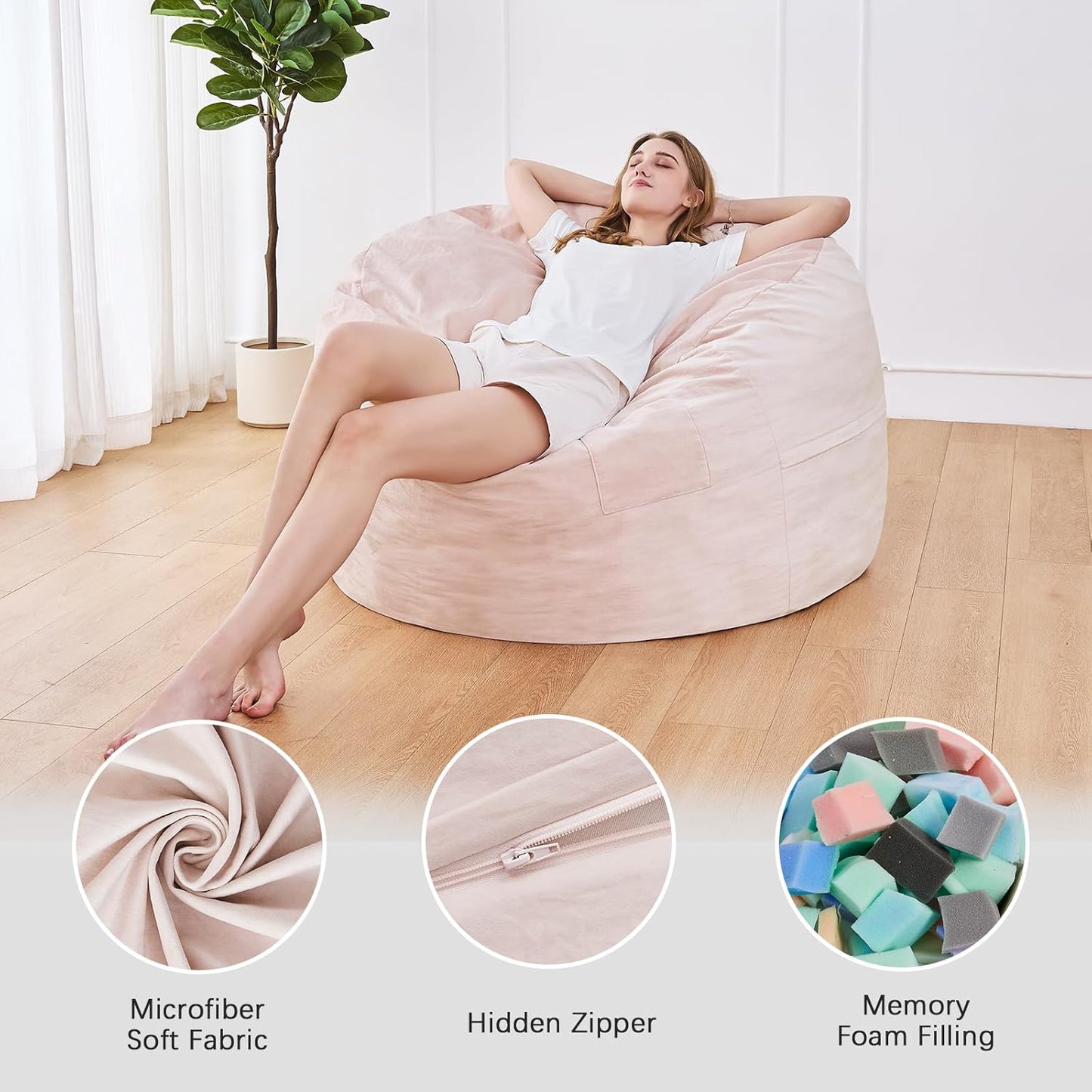 Bean Bag Chairs for Adults - Giant Bean Bag Chair Convertible Bean Bag Bed - Beanbag Chair with Micro Fiber Cover/Furniture Foam Filler - Floor Couch Sofa in Bedroom Dorm Room - Full Pink