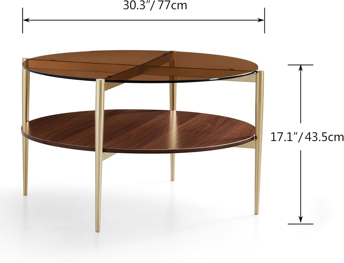 AGV LIGHTING Round Glass Coffee Table, Mid-Century Modern Coffee Table for Living Room, Glod Coffee Table, Amber Glass Top & Walnut Wood Shelf