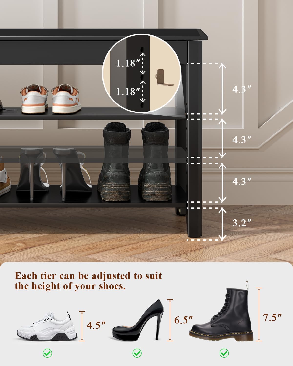 Shoe Rack Bench Seat Rubberwood 3-Tier Wooden Storage Bench 550lbs Compact Mid-Century Modern Design for Entryway, Hallway, Closet, Front Door Entrance, Foyer