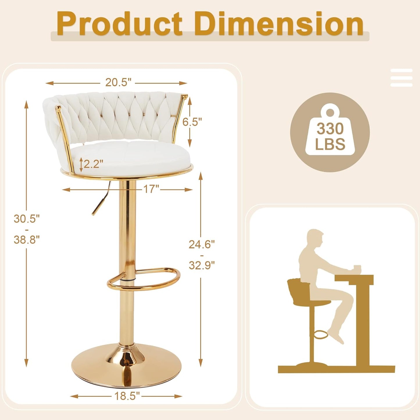 VECELO Bar Stools Set of 2, Adjustable Barstools Counter Height Stools with Back and Arm, Velvet Woven Kitchen Island Stools w/Gold Metal Leg & Base, 360° Swivel Bar Chair for Pubs Dining Room, White