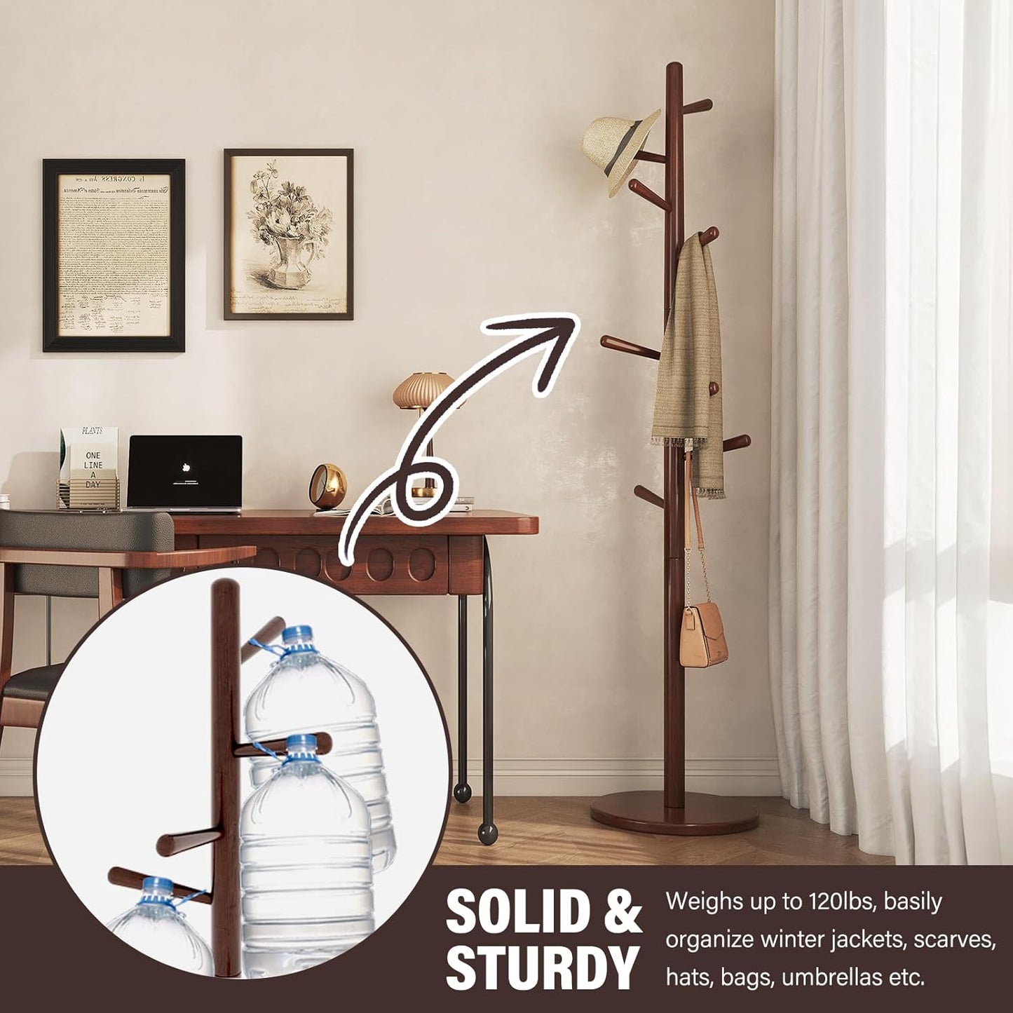 CozyDH Coat Rack Freestanding Solid Wood Coat Rack Stand, Coat Tree Freestanding with 8 Hooks Creative Tree Branch-look for Entryway, Hallway, Bedroom (Walnut)