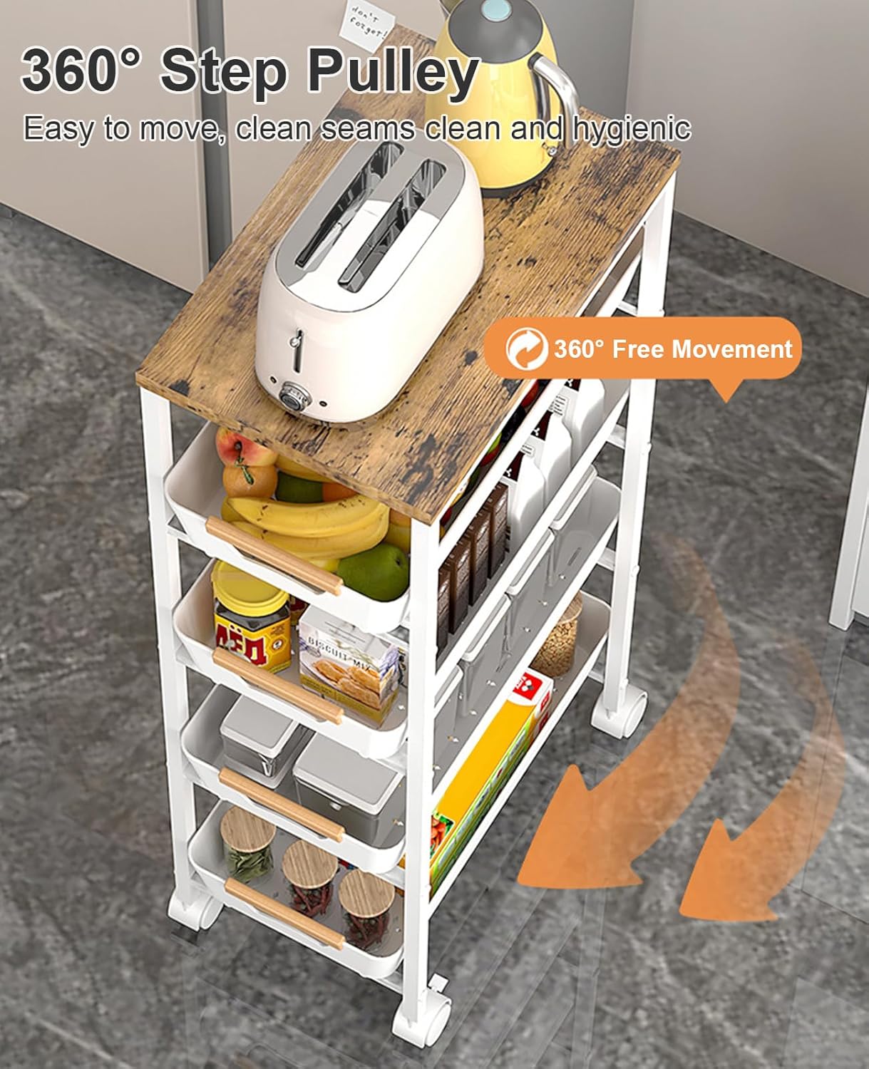 Aupekro 5-Tier Rolling Storage Cart with Wooden Top, Narrow Metal Kitchen Storage Cart, Versatile Mobile Shelving Unit Trolley, Pantry Utility Cart with Pull-Out Drawer (Black)