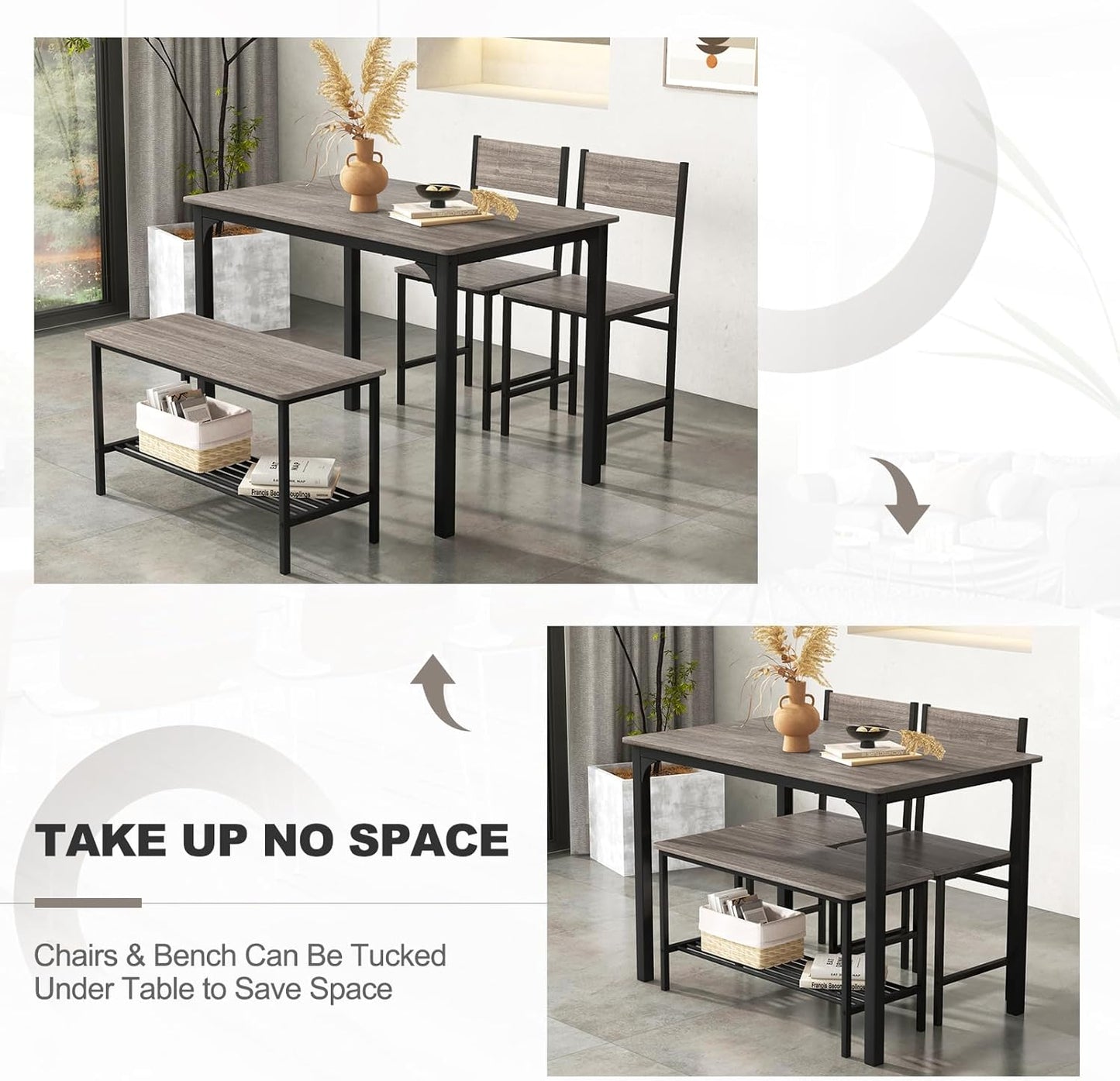 Giantex Dining Table Set for 4, Kitchen Table with Bench and Chairs, Industrial Gathering Bench Dining Set W/Metal Frame & Storage Rack, Dinette Set, Modern Functional Desk Set (Black Oak)