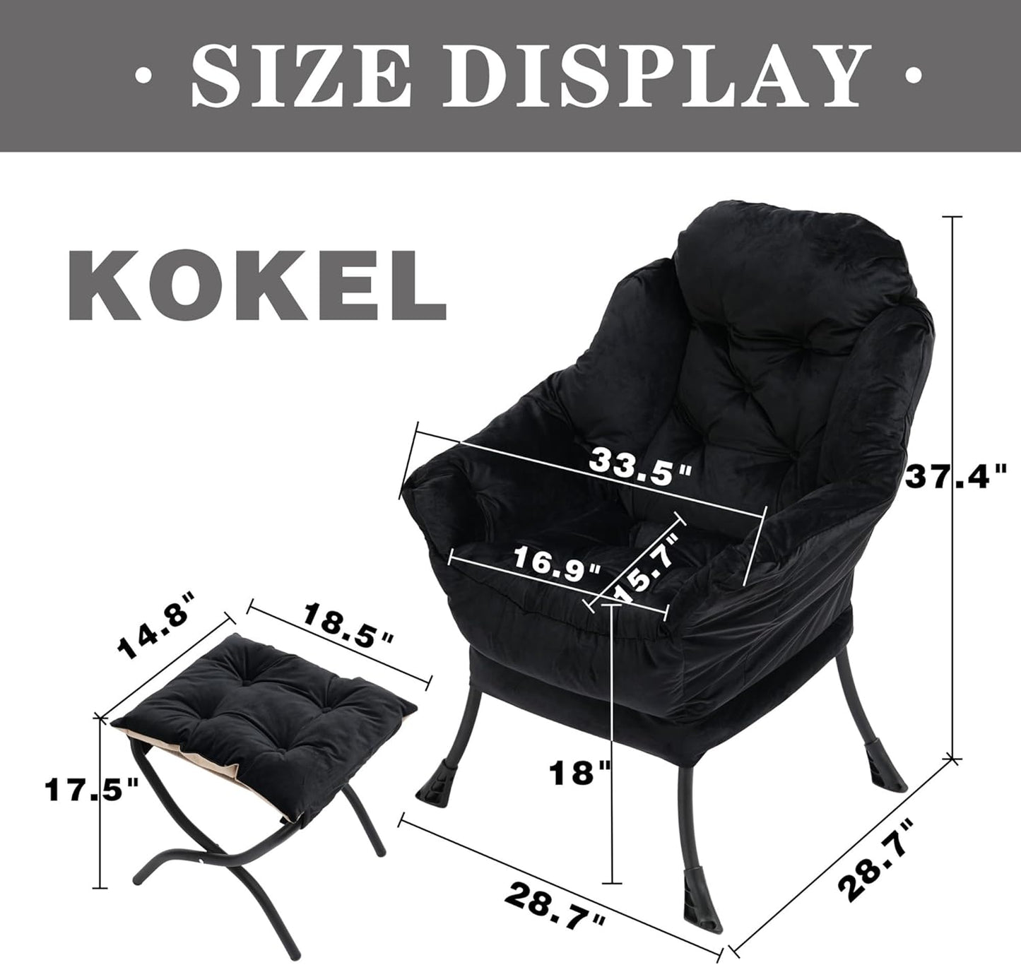 Lazy Chair with Folding Ottoman,Living Room Chairs, Accent Contemporary Lounge Chair, Single Steel Frame Leisure Sofa Chair with Armrests and A Side Pocket (Black)