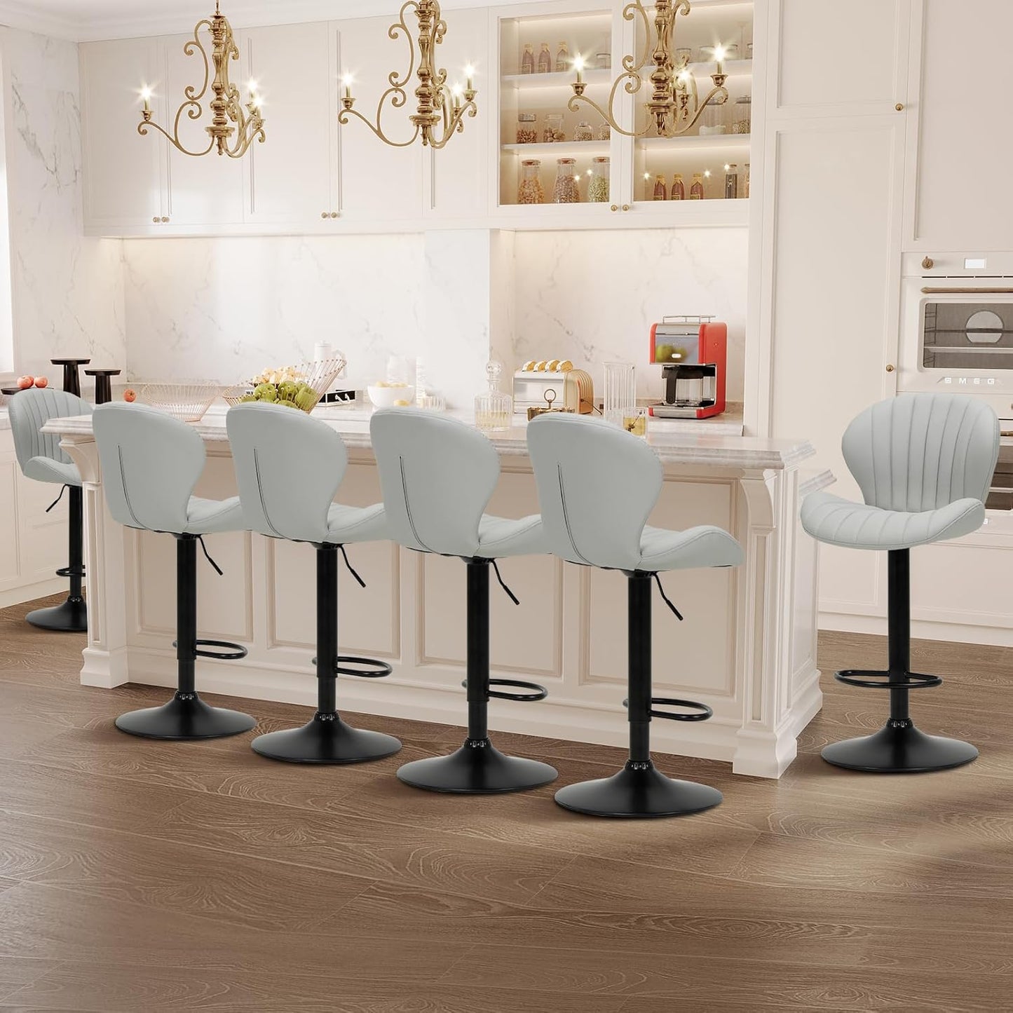 COLAMY Bar Stools Set of 6, Modern Swivel Bar Chairs, Adjustable Faux Leather Upholstered Barstools Counter Height with High Backrest for Bar, Kitchen Island, Dining Room, Grey