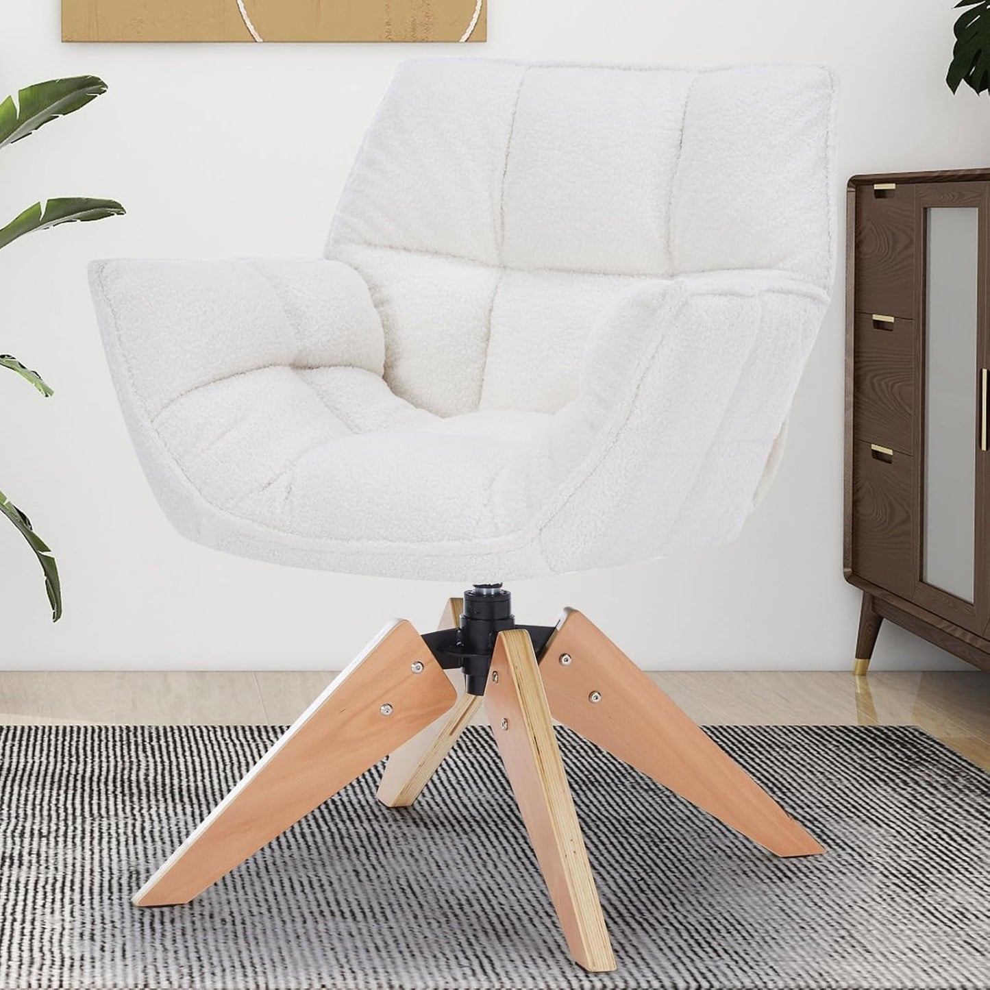 Mid Century Accent Chair, Lambs Wool Vanity Chair Modern Cozy Desk Chair no Wheels with Amrest, Wood Legs for Living Room, Reading Room, Bedroom, White