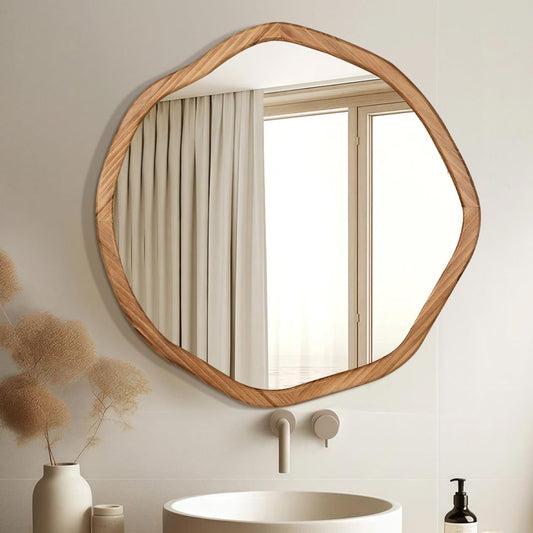 ULIKE Round Wood Mirror, 30 Inch Asymmetrical Circle Vanity Mirror with Wood Frame, Rustic Decorative Wall Mount for Bathroom Bedroom Living Room Entryway