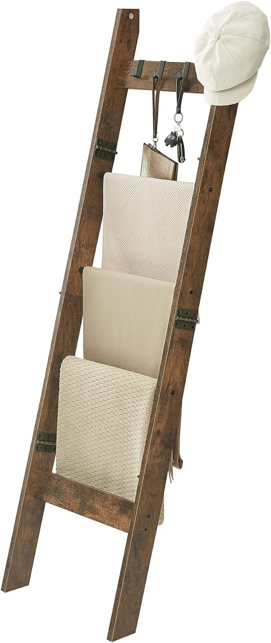 Blanket Ladder for Living Room, Decorative Quilt Rack with 4 Removable Hooks, 5-Tier Farmhouse Ladder Holder Shelf Organizer for Bedroom, Rustic Brown and Black 02101BBR