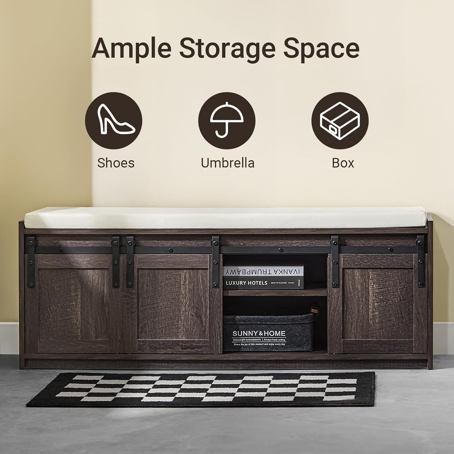 Haotian Industrial Style Shoe Storage Bench, Entryway Hallway Shoe Cabinet, Sliding Barn Doors, Drawer & Padded Seat Cushion, Rustic Window Bench for Mudroom (Brown)