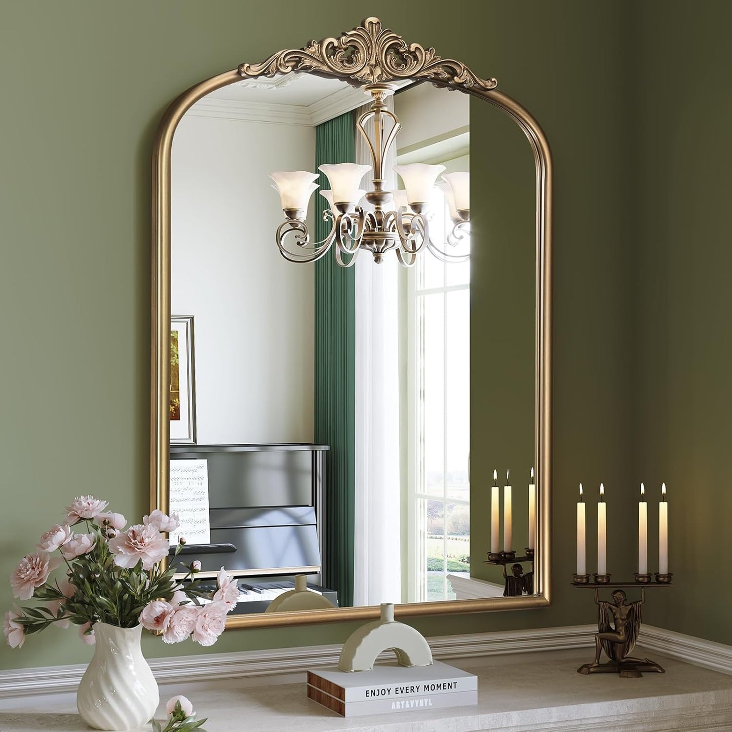 Arched Antique Gold Mirror, 28"x36" Vintage Bathroom Vanity Mirror, Ornate Arched Brass Wall Mirror for Over Sink/Fireplace/Entryway