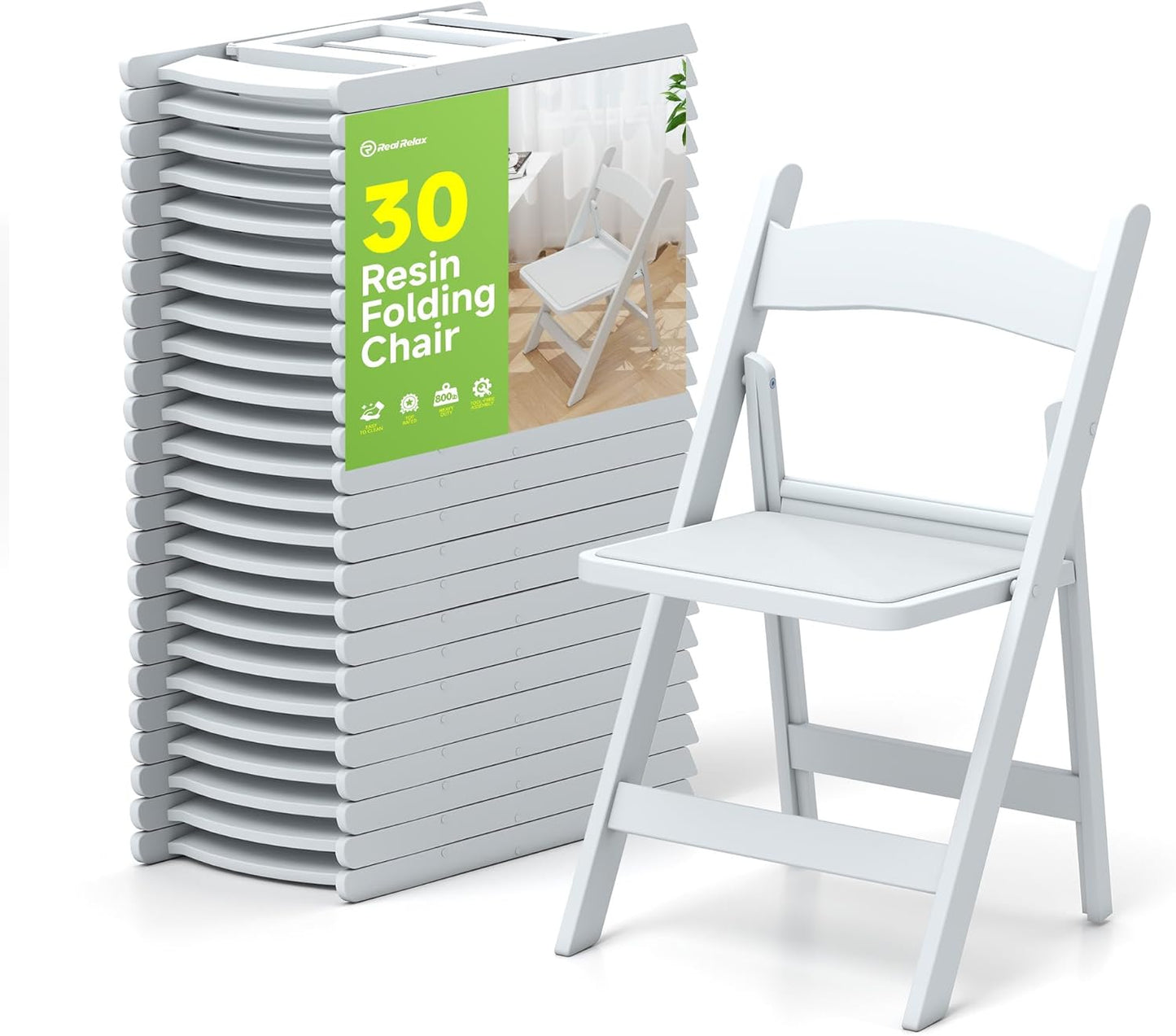Real Relax White Resin Folding Chairs with Cushion - Comfortable Foldable Plastic Chair - Stackable Chairs with Padded Seats - Indoor/Outdoor Chairs for Events, 600lbs Capacity(30 Pack)