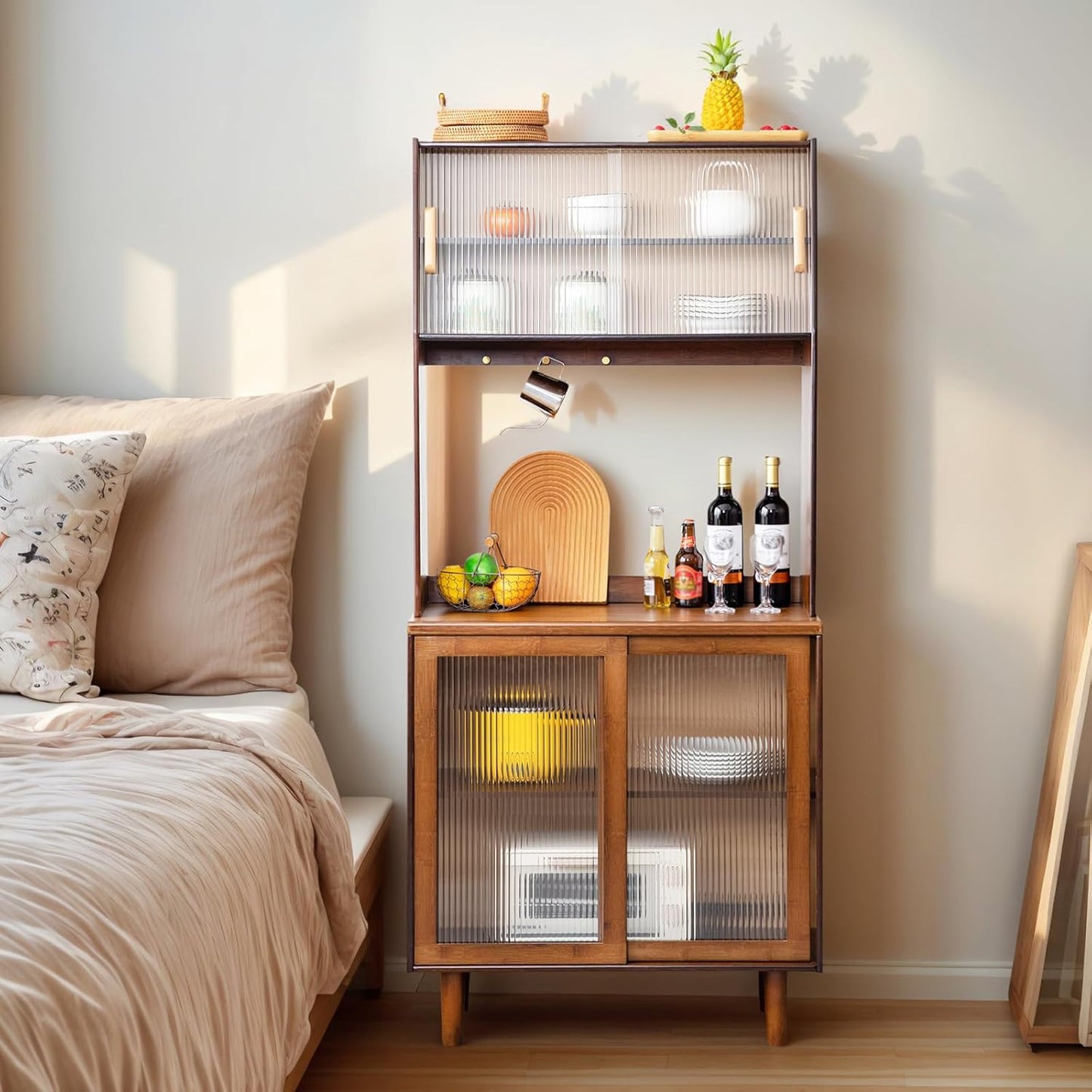 Tiita Kitchen Hutch with Countertop, 69” Rattan Solid Wood Pantry Cabinet with Hutch, Boho Bamboo Sideboard Buffet Cabinet, Boho Entryway Table for Living Room, Home Bar, Hallway, Walnut