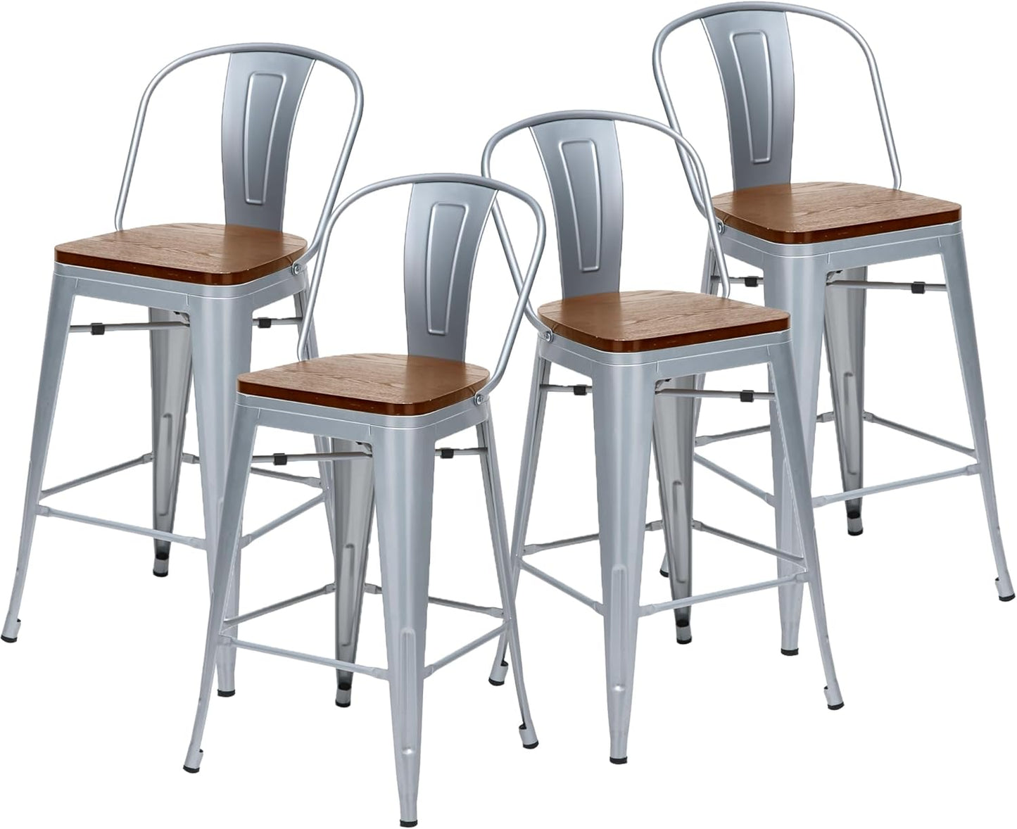Changjie Furniture 24 Inches Metal Barstools Set of 4 Counter Height Bar Stools Industrial Stools with Backs High Back Chairs for Kitchen Island (24 Inch, Silver)