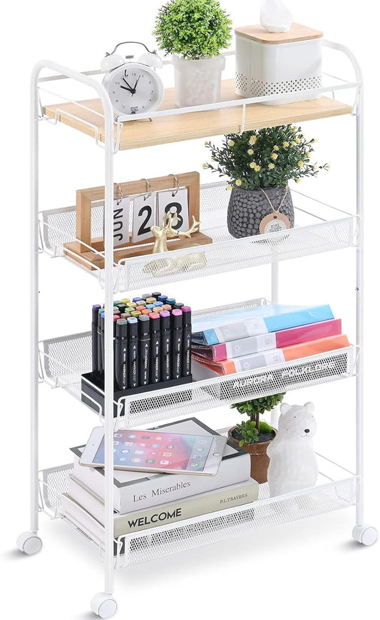 KINGRACK 4-Tier Rolling Cart,Metal Utility Cart with Wooden Tabletop,Easy Assemble Mobile Storage Trolley On Wheels,Craft Storage Cart for Bedroom Kid's Room Office Kitchen Bathroom,White