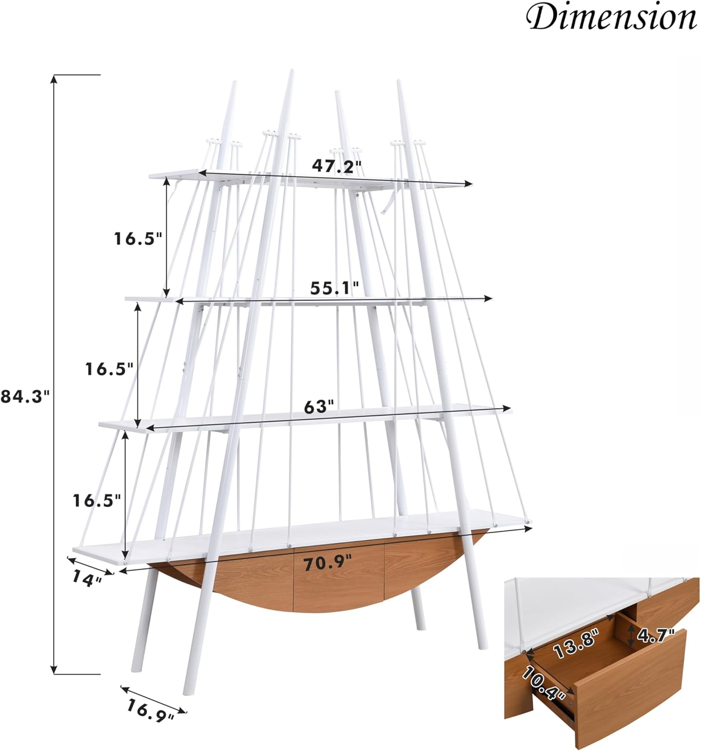 4 Tier Modern Boat-Shaped Bookshelf with Drawer, White & Brown, 84.3" Tall Vertical Ladder Shelf for Storage Display Decoration, Sturdy MDF & Metal Industrial Frame, for Living Room