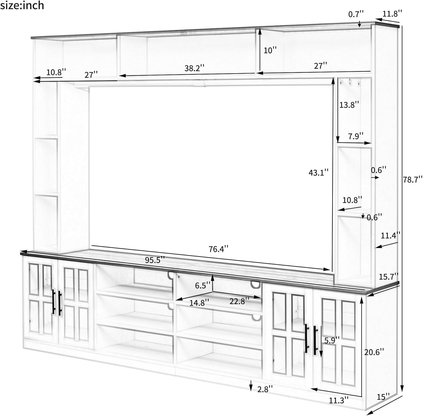 95.5" Wall Unit TV Stand Set with Bookshelves, Entertainment Center for Televisions Up to 80", Large Media Console with Cabinets and Tempered Glass Doors for Living Room
