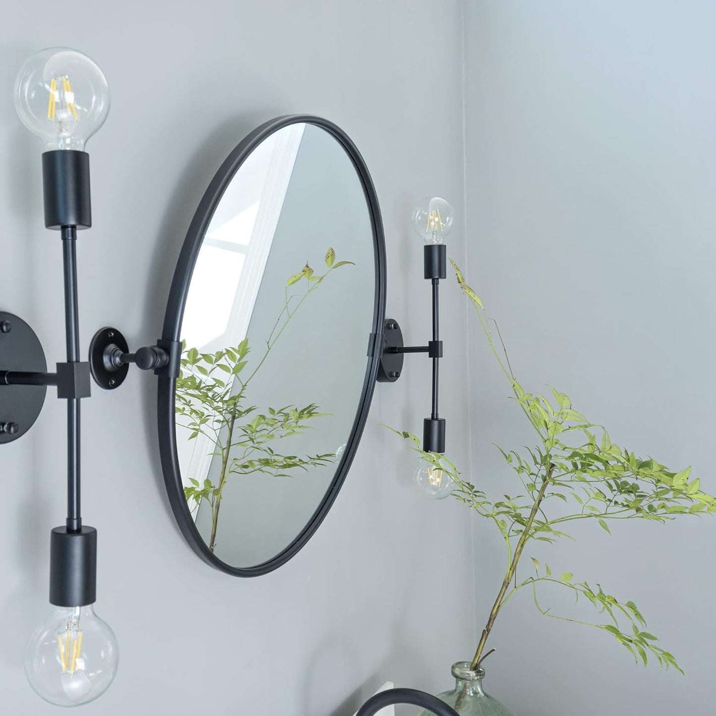 Round Pivot Bathroom Mirror Black Circle Metal Framed Tilting Vanity Mirrors for Wall