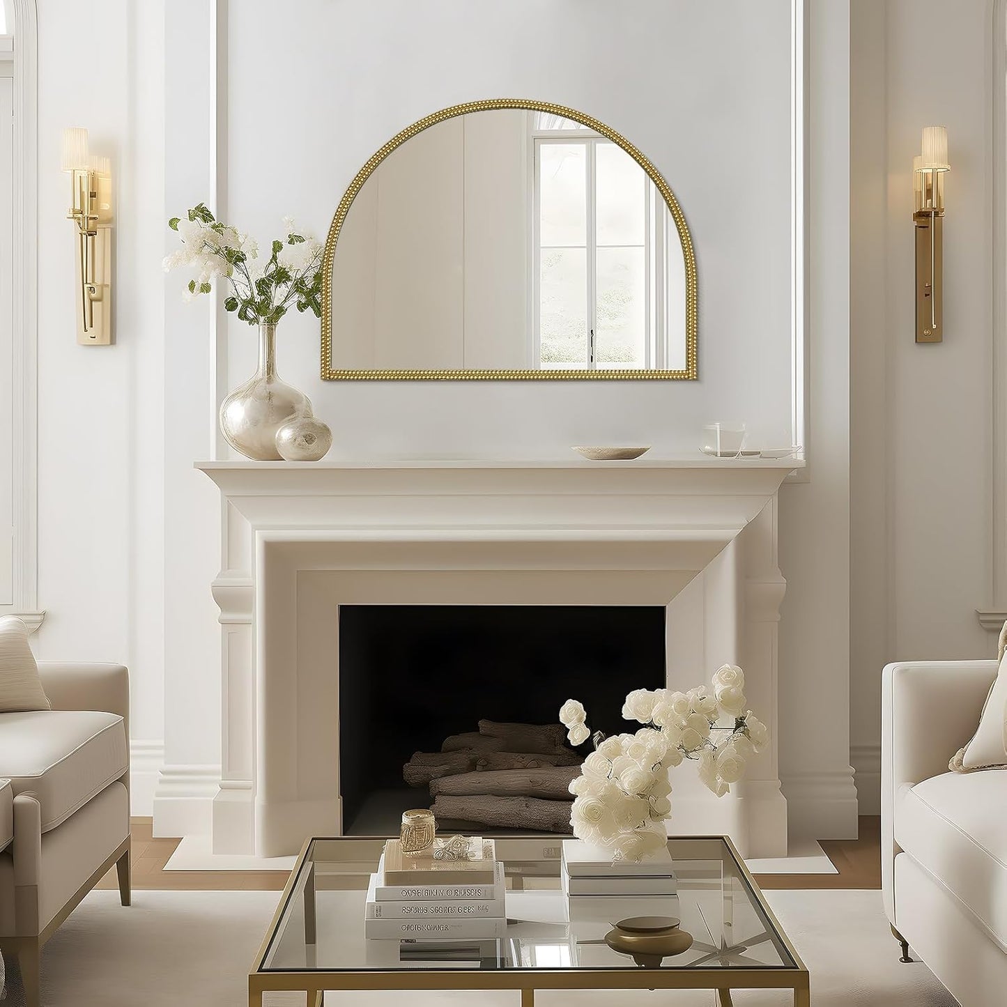 WallBeyond Gold Vintage Mirror for Vanity 32x24 Inch, Gold Antique Mirror with Ornate Beaded Frame for Bathroom, Living Room, Fireplace, Entryway