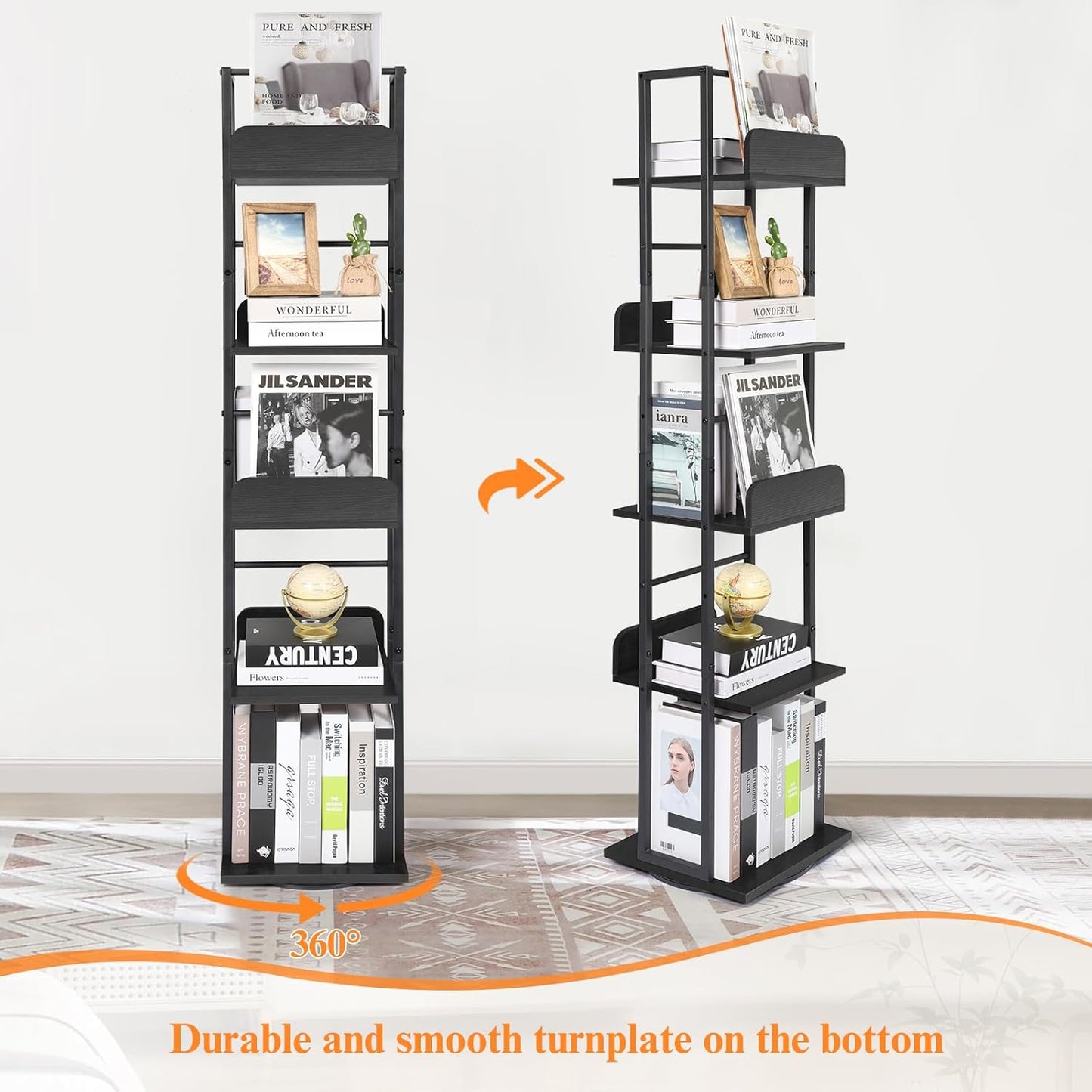 Bikoney Rotating Bookshelf, 5-Tier Bookshelves Tower for Corner, Small Narrow Bookcase, Tall Industrial Bookshelf, Wood and Metal Black