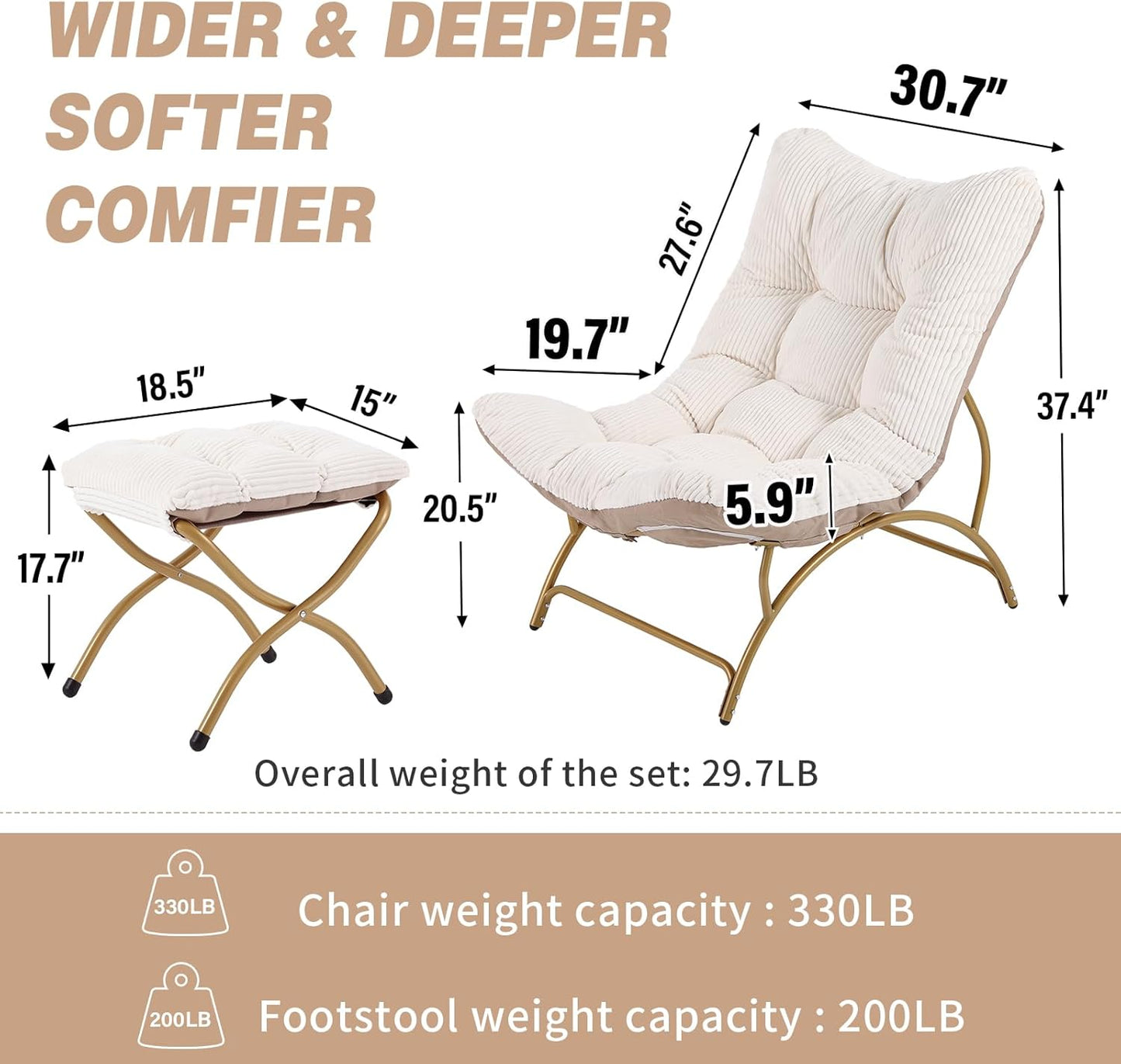 Welnow Accent Chair with Ottoman, Lounge Comfy Soft Leisure Metal Frame Reading Chair with Footrest, Upholstered Thick Cushion Seated Recliner Sofa for Living Room, Bedroom, Dorm, Beige